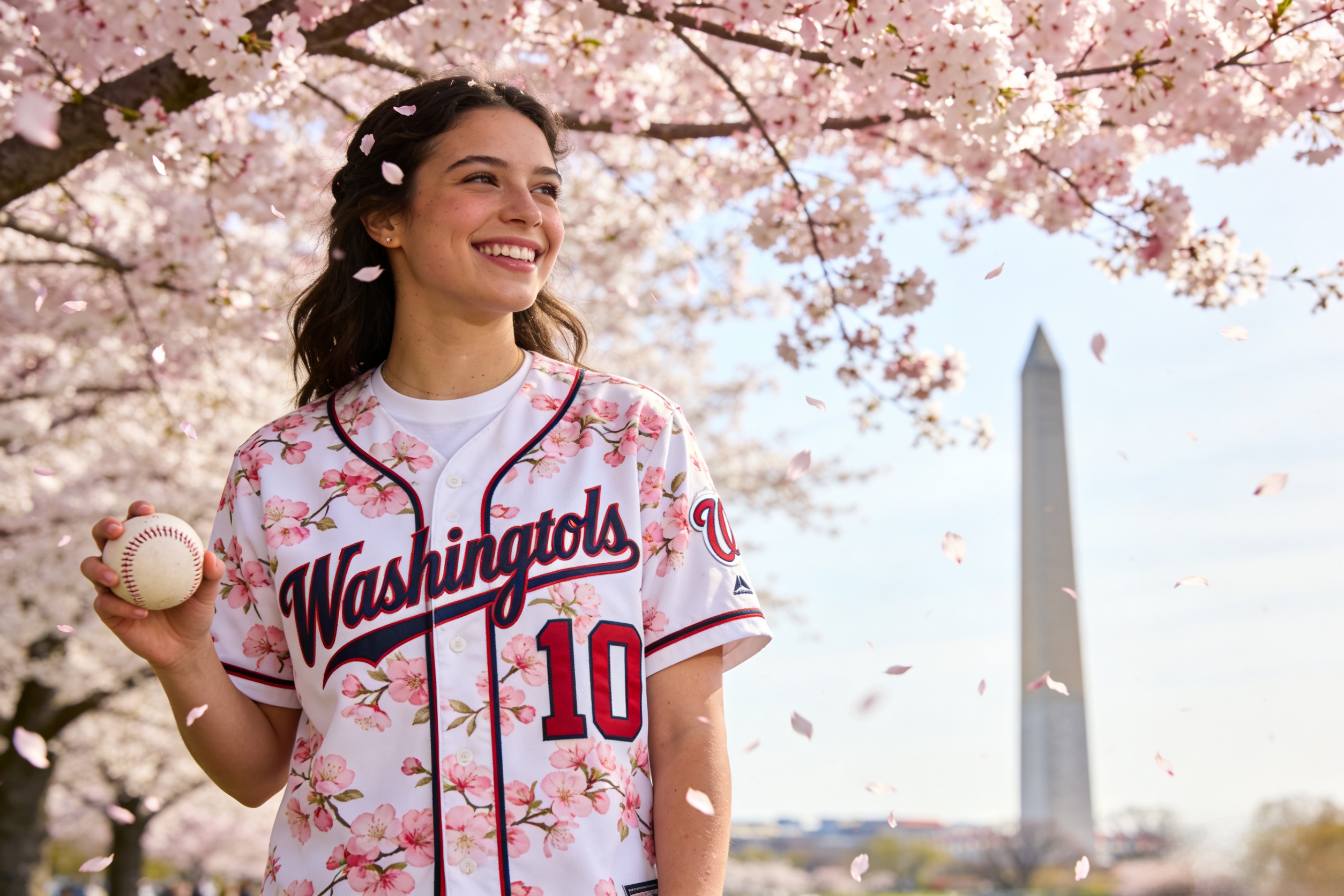 A fan wearing a Nationals cherry blossom jersey standing under blooming cherry trees in D.C.