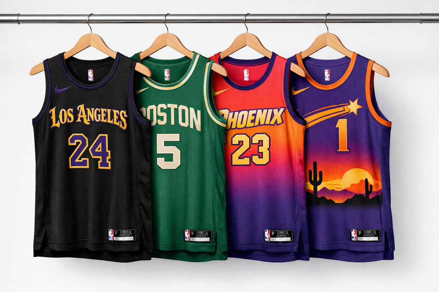 A collection of 2025 NBA City Edition jerseys from various teams including Lakers and Celtics.