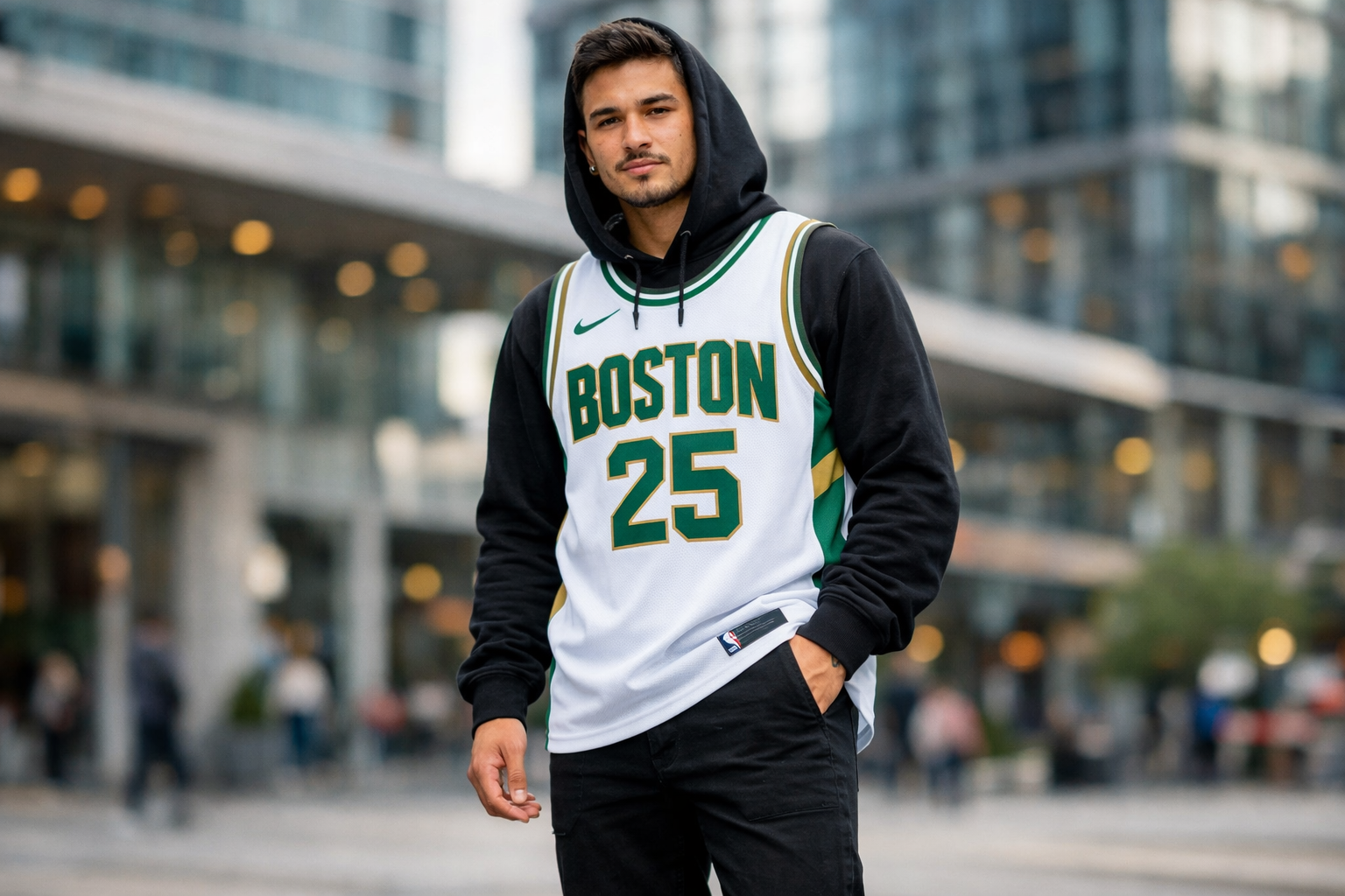 A stylish fan wearing a Jayson Tatum City Edition jersey in a modern city setting