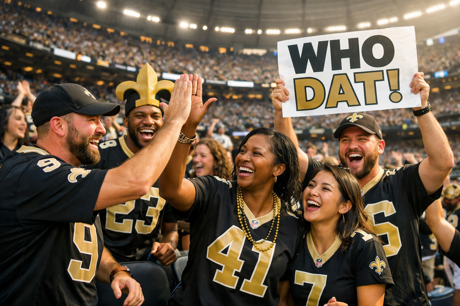 Fans wearing New Orleans Saints jerseys cheering at a football stadium