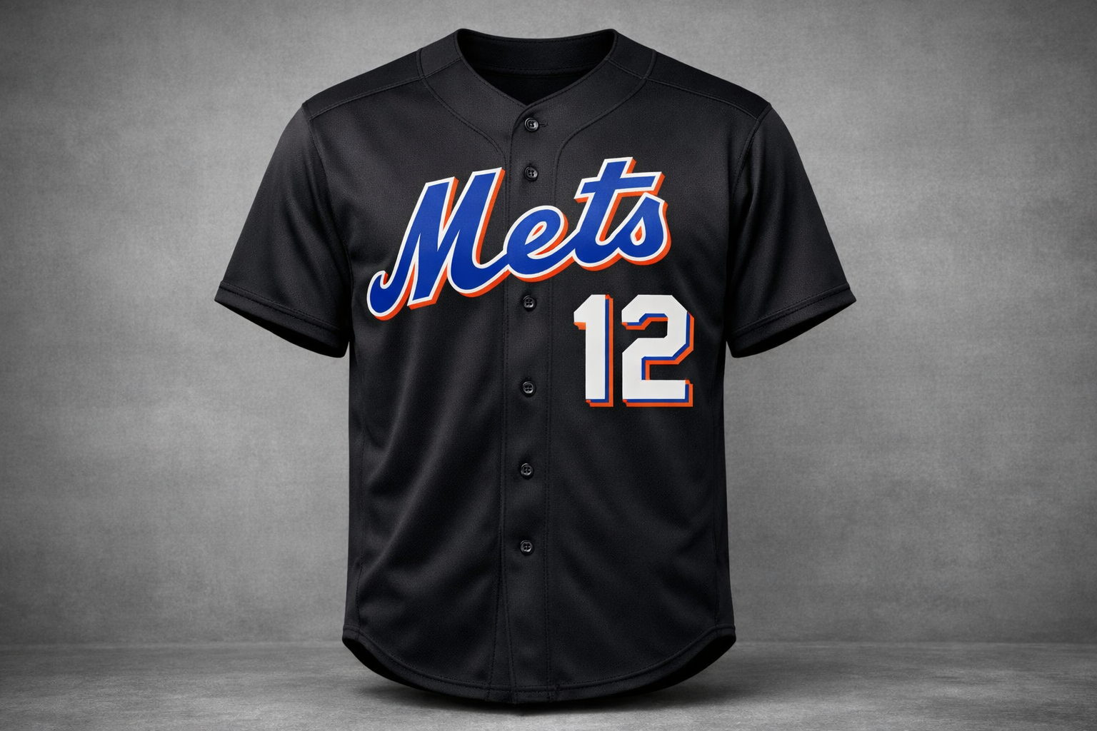 Black New York Mets jersey with blue and orange stitched numbers for Francisco Lindor.