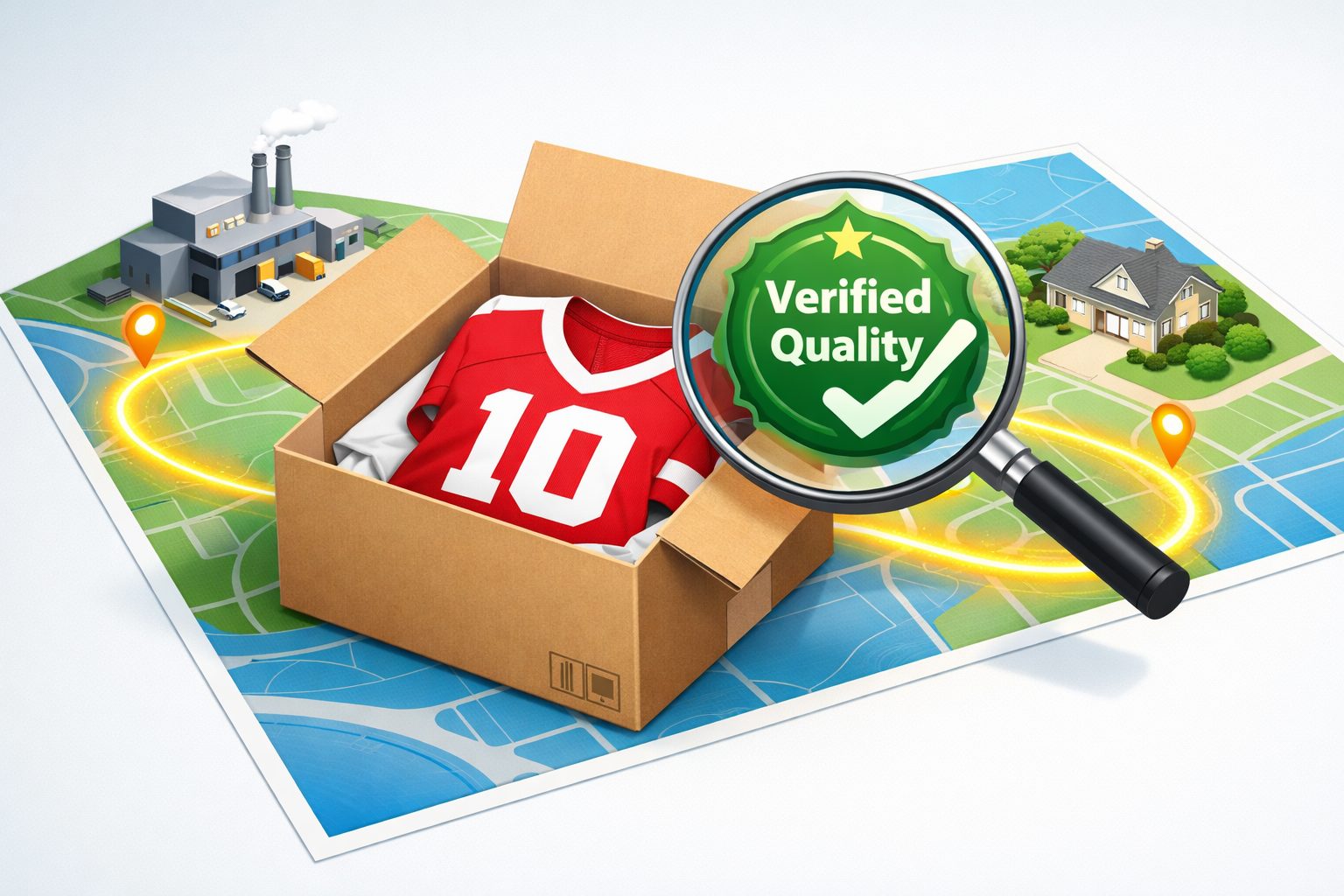 A world map showing a package traveling from a factory to a customer's home with a tracking icon.