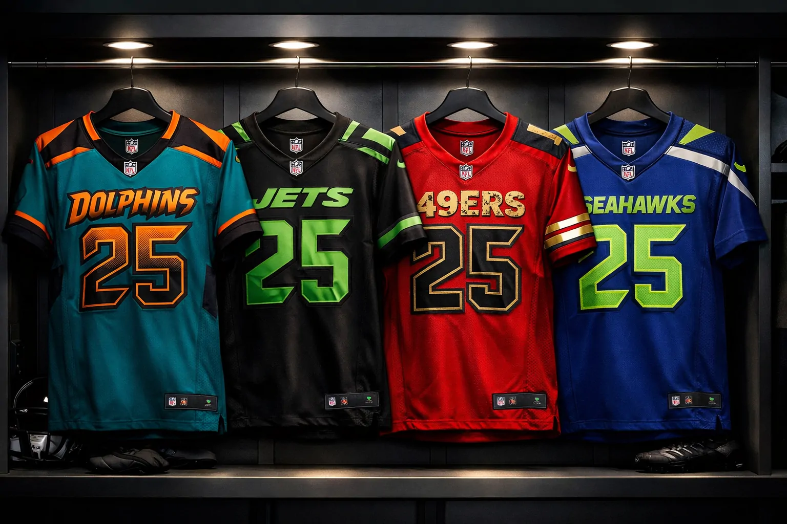 Selection of 2025 NFL Rivalry jerseys including 49ers and Jets styles