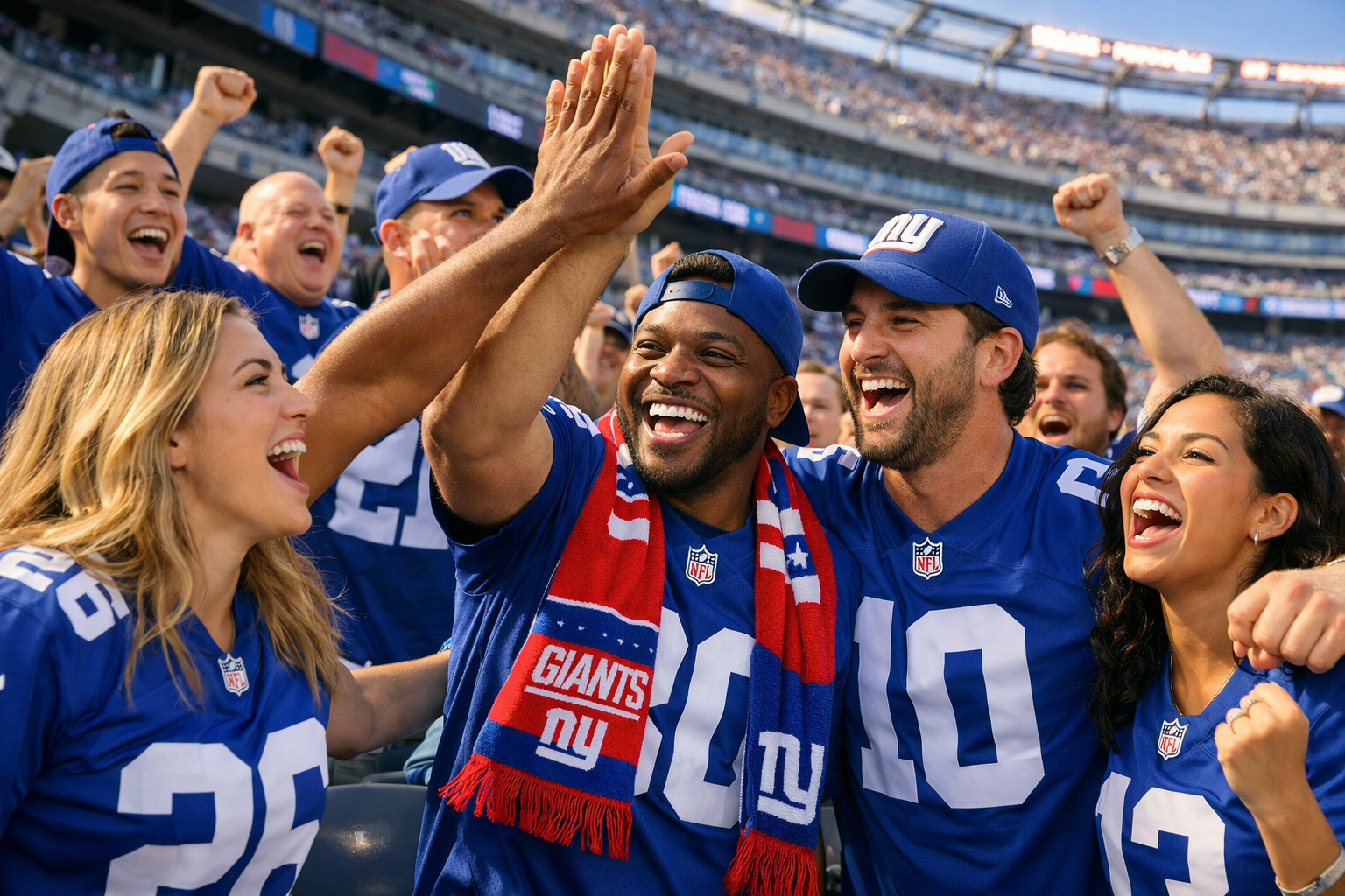 Fans wearing New York Giants jerseys cheering at a football stadium.