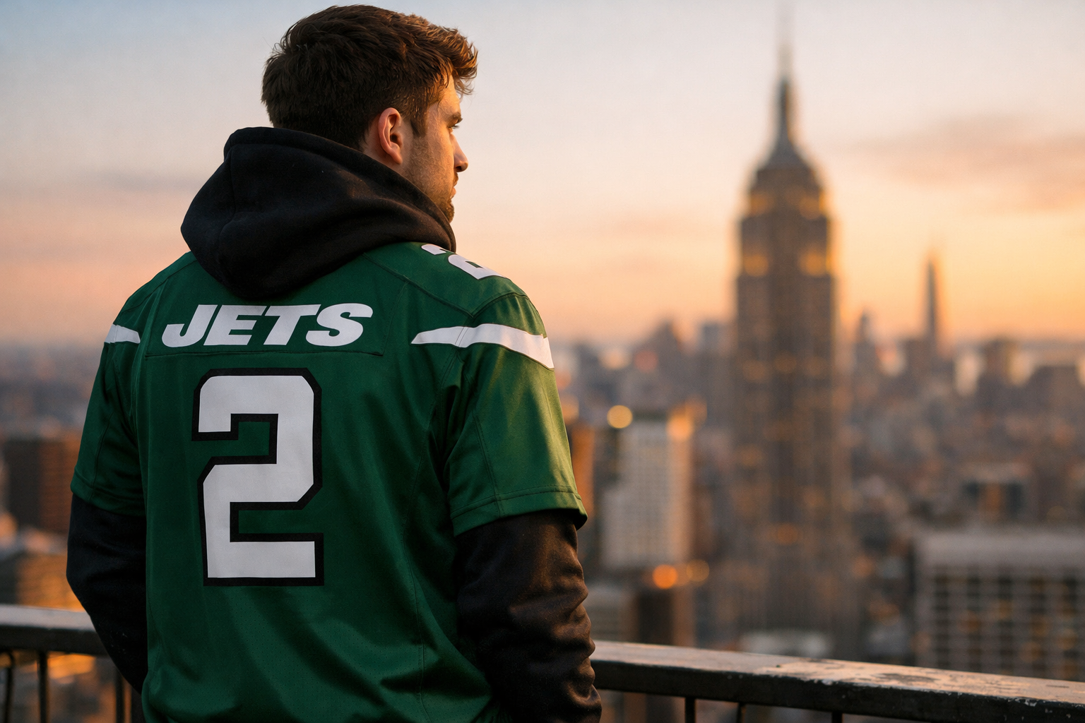 A fan wearing a NY Jets jersey standing in front of a New York skyline.
