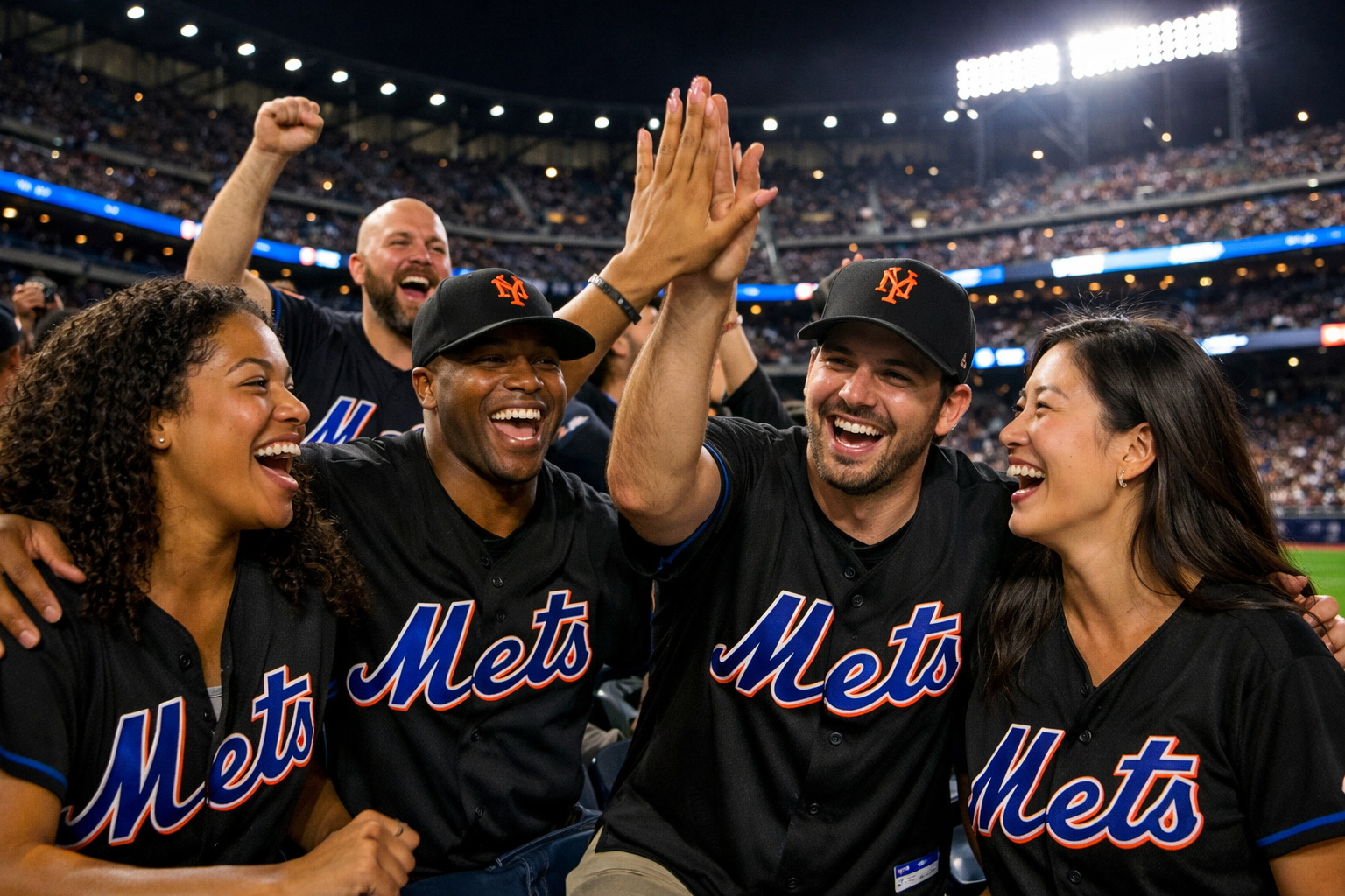 Fans wearing black New York Mets jerseys cheering at a night baseball stadium