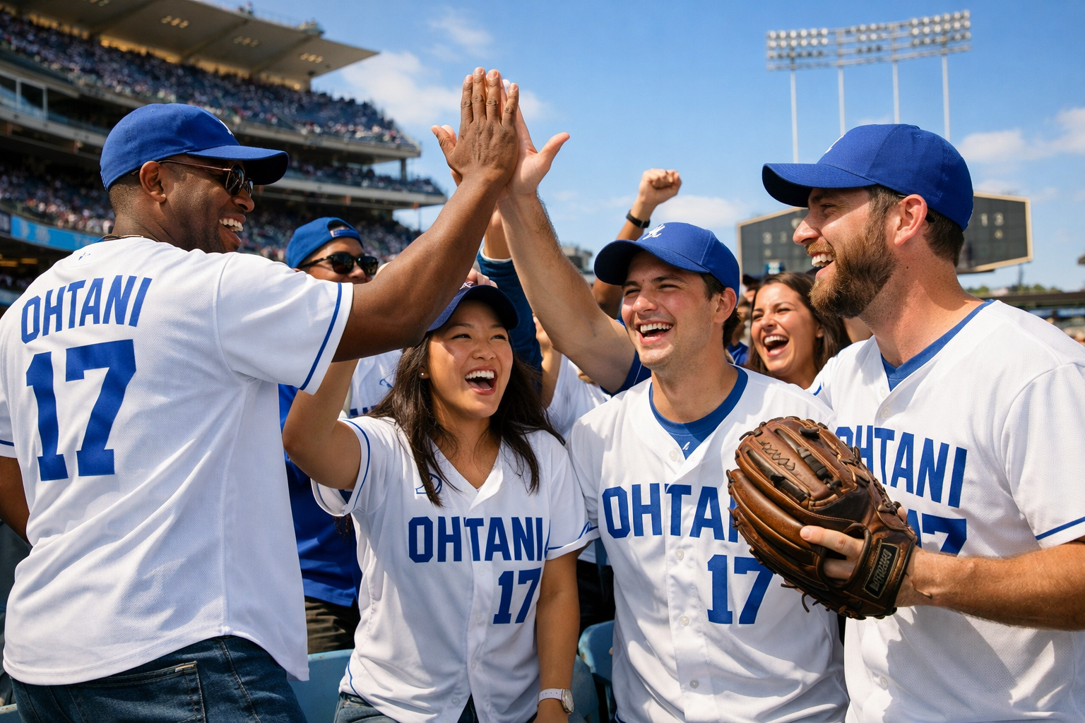Fans wearing Shohei Ohtani jerseys cheering at a sunny baseball stadium