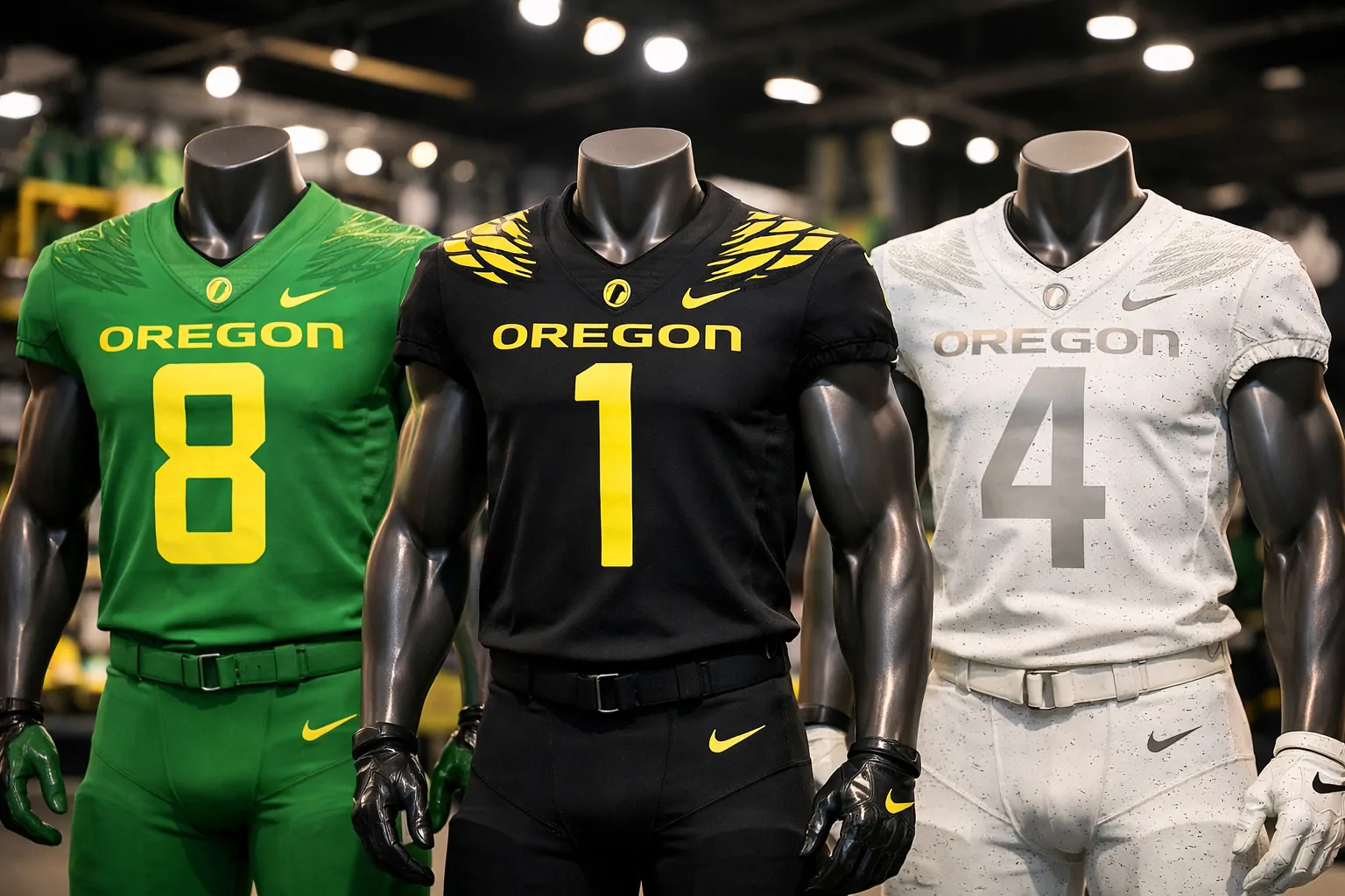 A collection of different Oregon Ducks football jerseys in green, black, and eggshell white.
