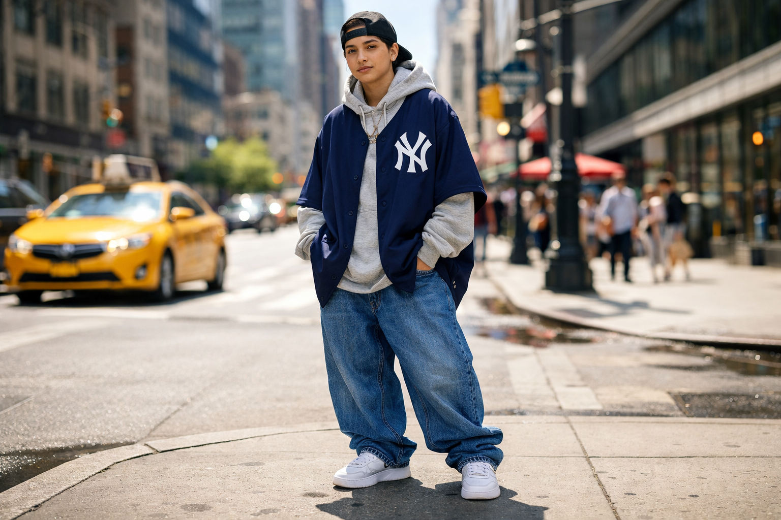 Person wearing an oversized New York Yankees baseball jersey over a hoodie in an urban setting.