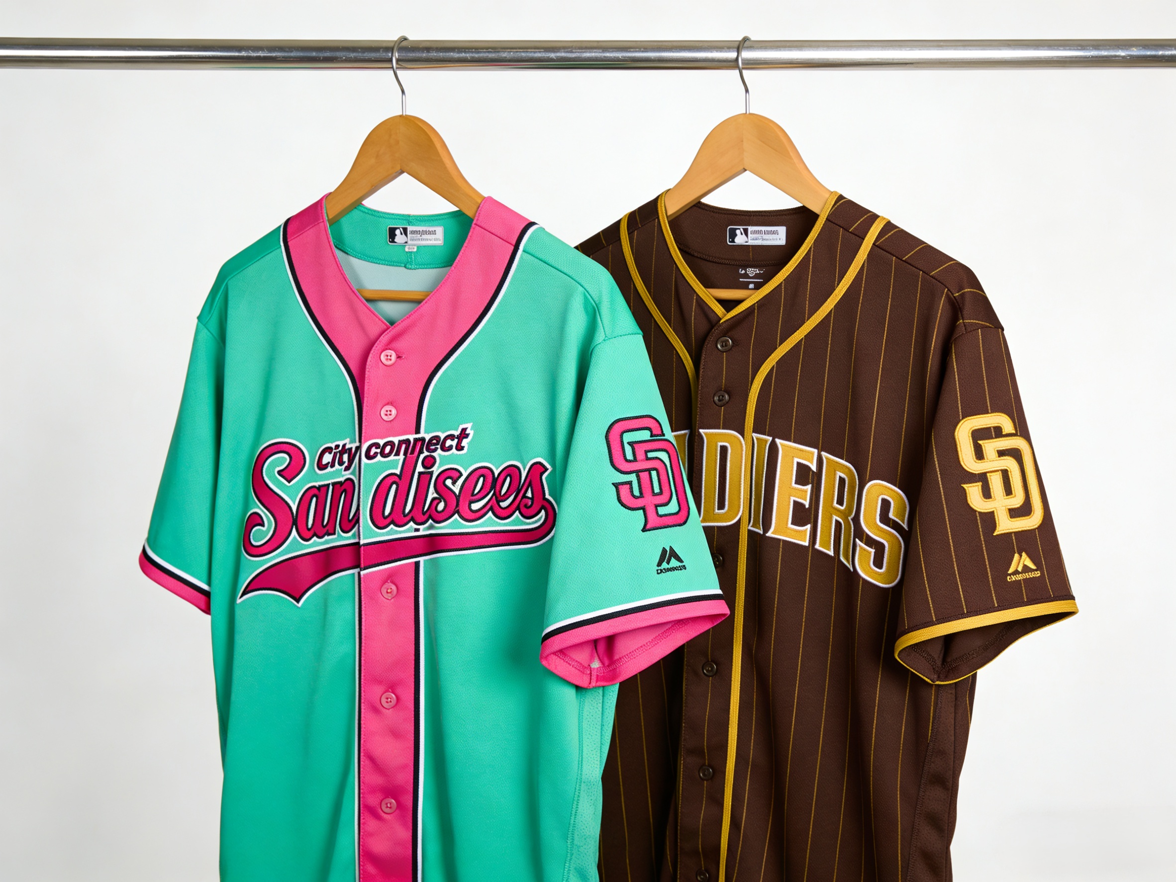 San Diego Padres Jersey: City Connect vs. Classic Brown Guide 2 Side by side comparison of a San Diego Padres City Connect jersey and a classic Brown and Gold jersey.