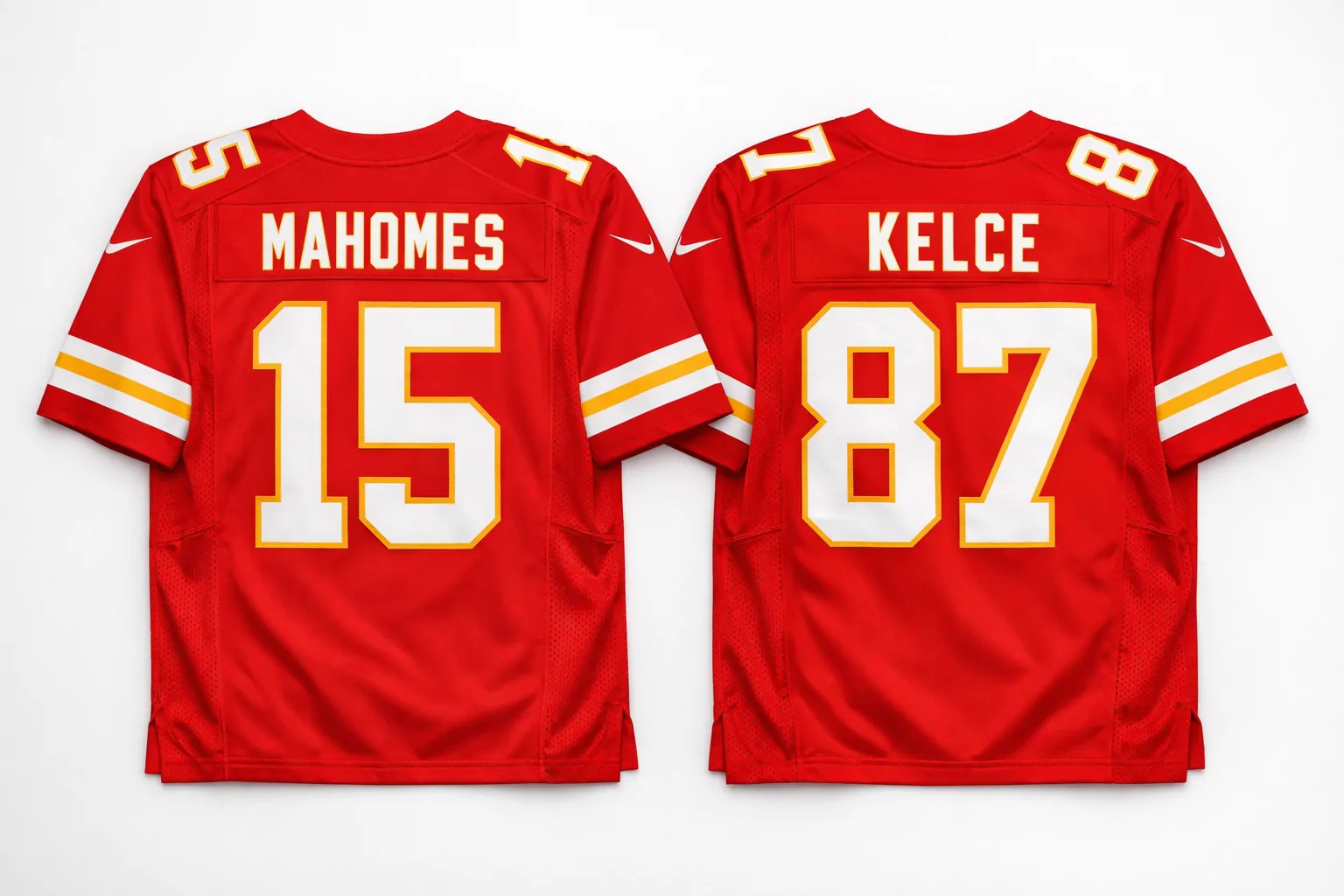 Top 10 Best Selling NFL Jerseys of 2025 (So Far) 2 Best selling Patrick Mahomes and Travis Kelce Kansas City Chiefs jerseys side by side.