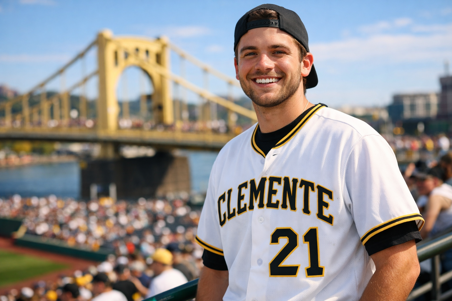 A fan wearing a Roberto Clemente jersey cheering at PNC Park in Pittsburgh
