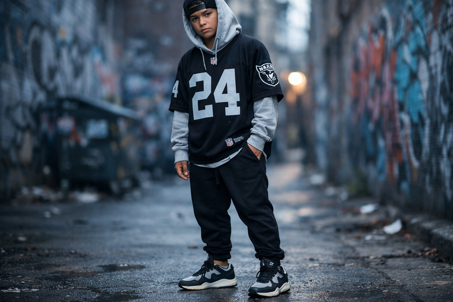 A person wearing a Raiders black jersey styled with a grey hoodie and streetwear fashion.