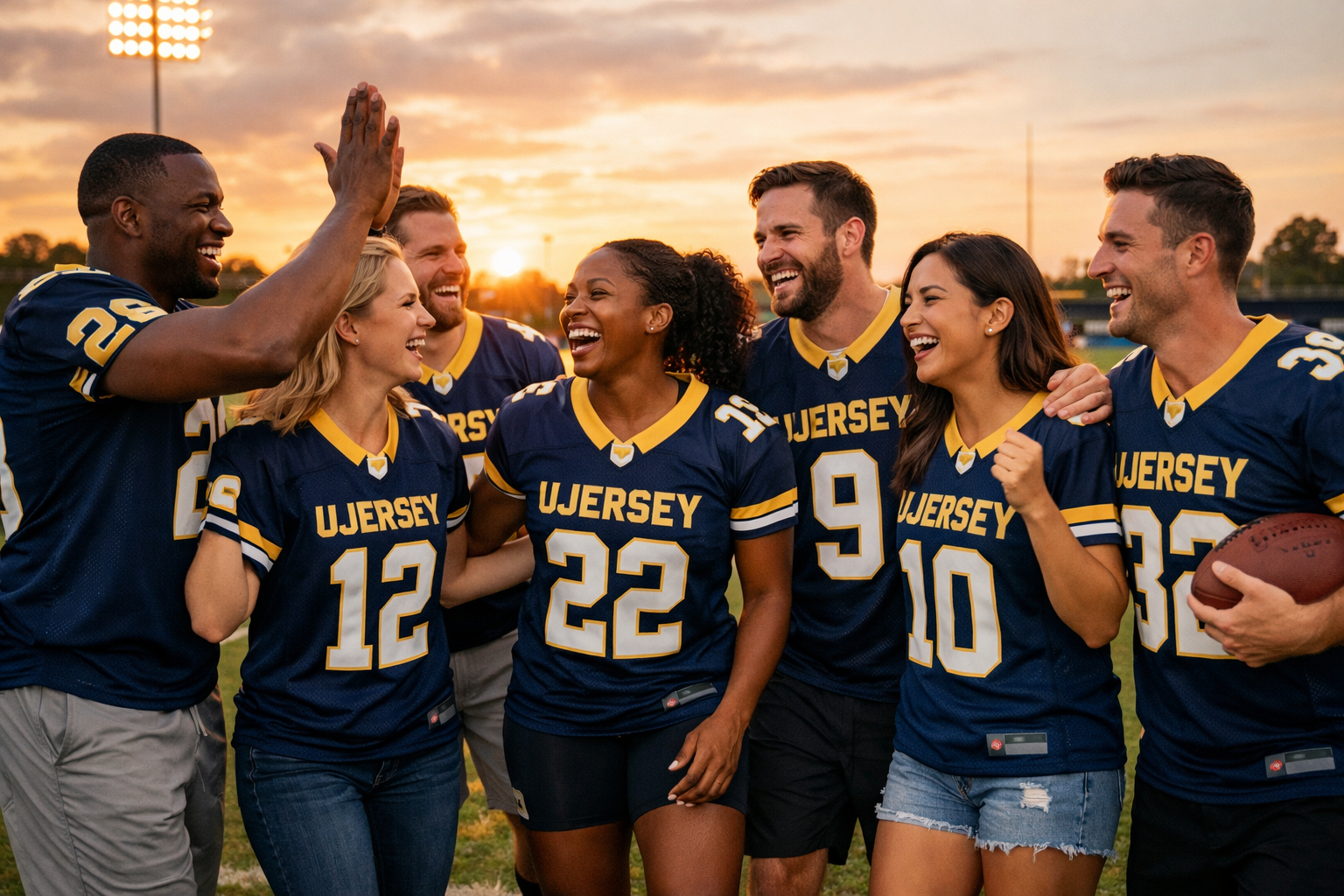 A local recreational football team posing together in matching custom stitched jersey