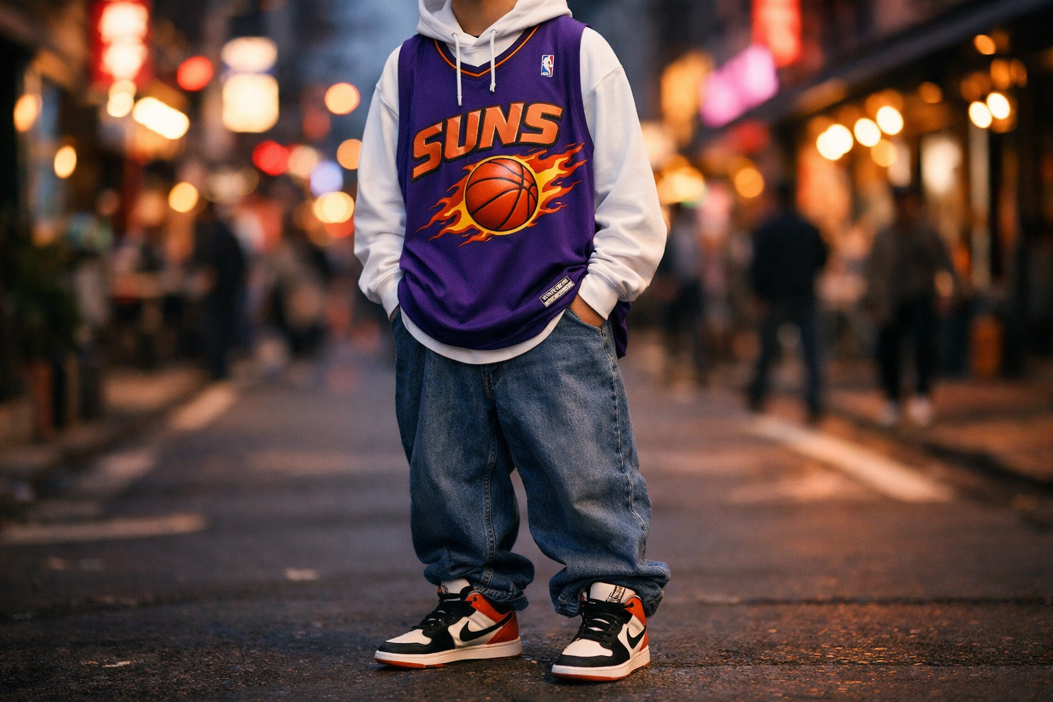 Retro NBA Jerseys: Bringing Back the Iconic 90s Style 4 A stylish person wearing a retro NBA jersey over a white hoodie in a city setting