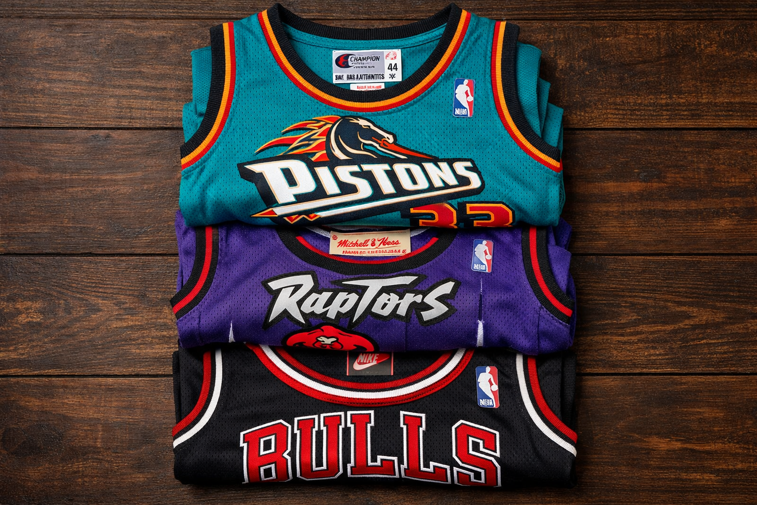 Retro NBA Jerseys: Bringing Back the Iconic 90s Style 5 A collection of folded retro NBA jerseys in various colors like teal, purple, and red