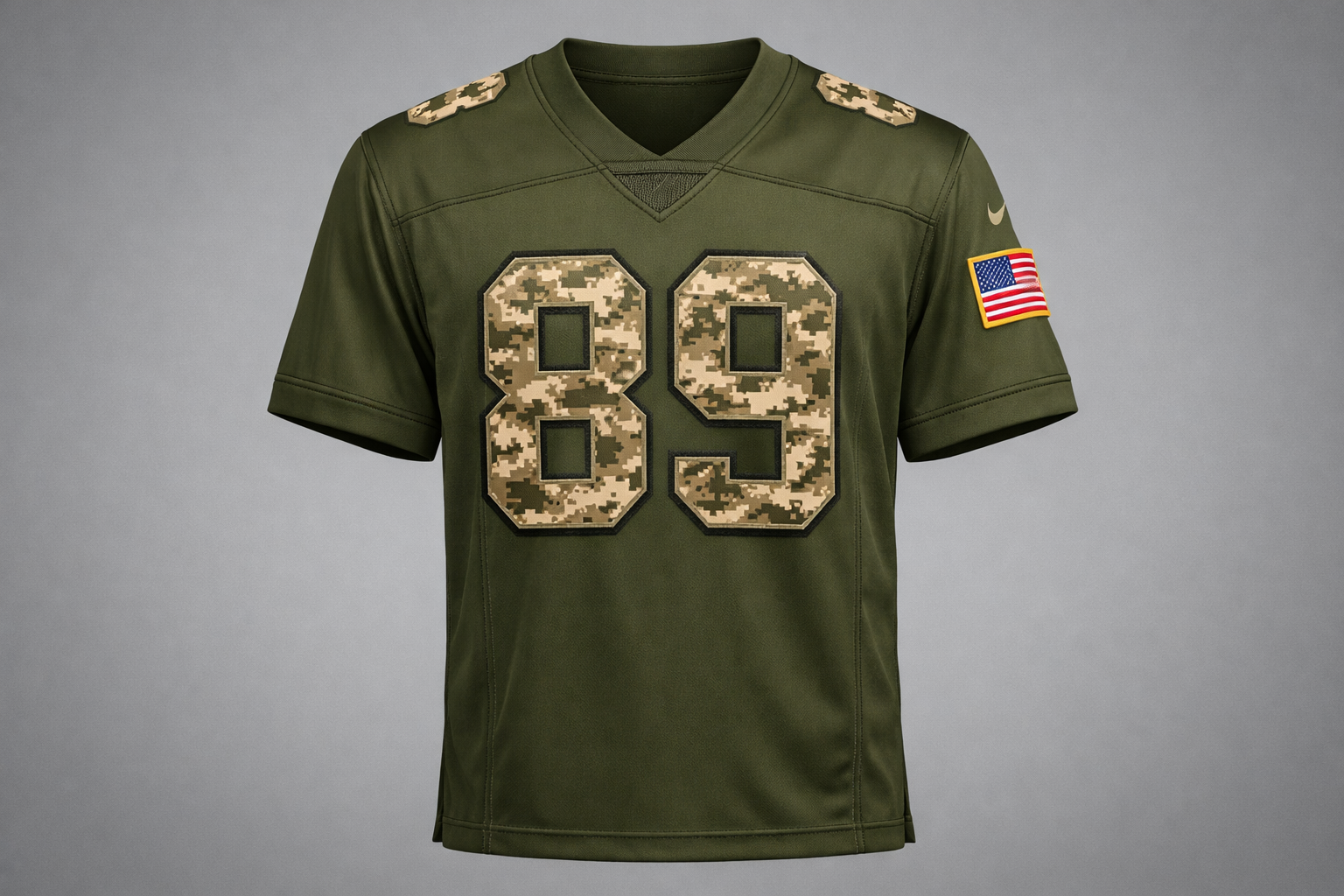 Olive green NFL Salute to Service jersey with camo numbers and American flag patch.
