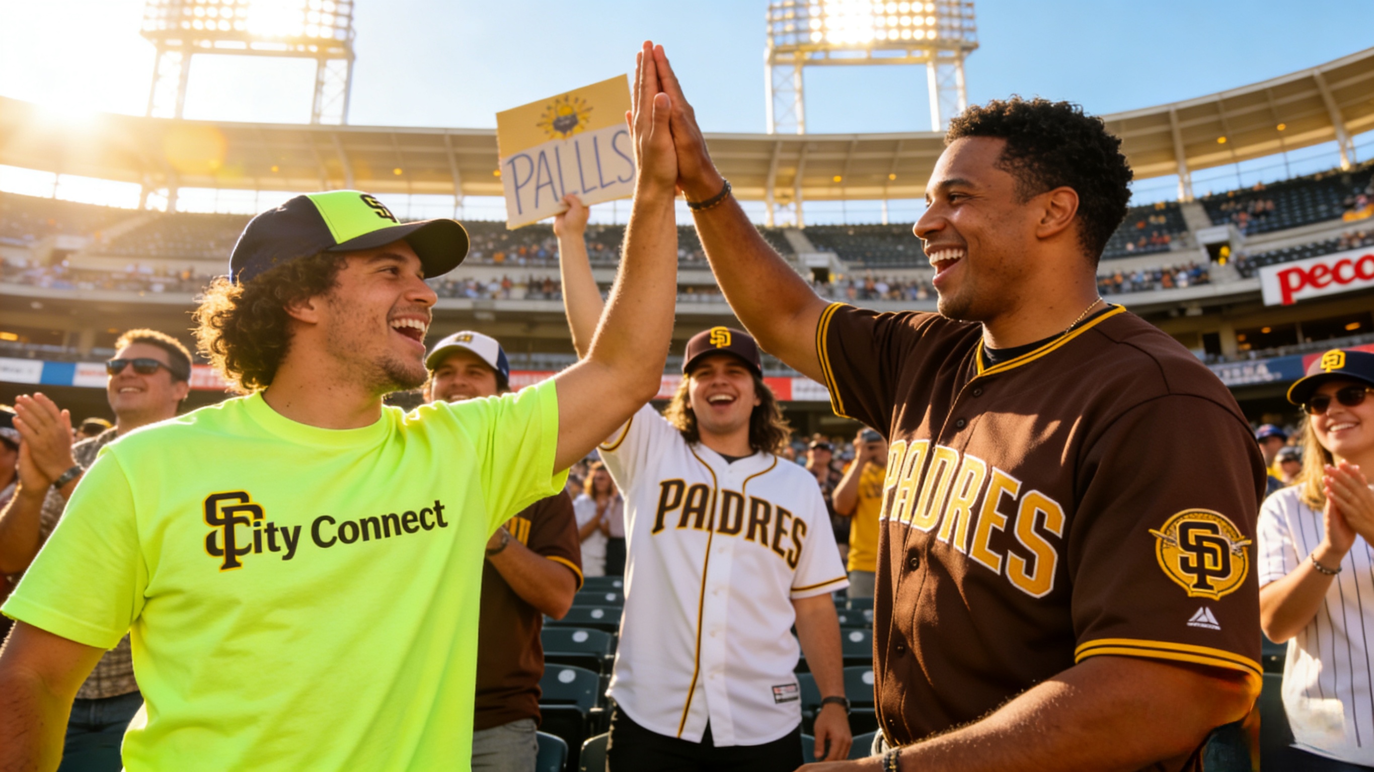Fans wearing different San Diego Padres jerseys cheering at a baseball stadium.