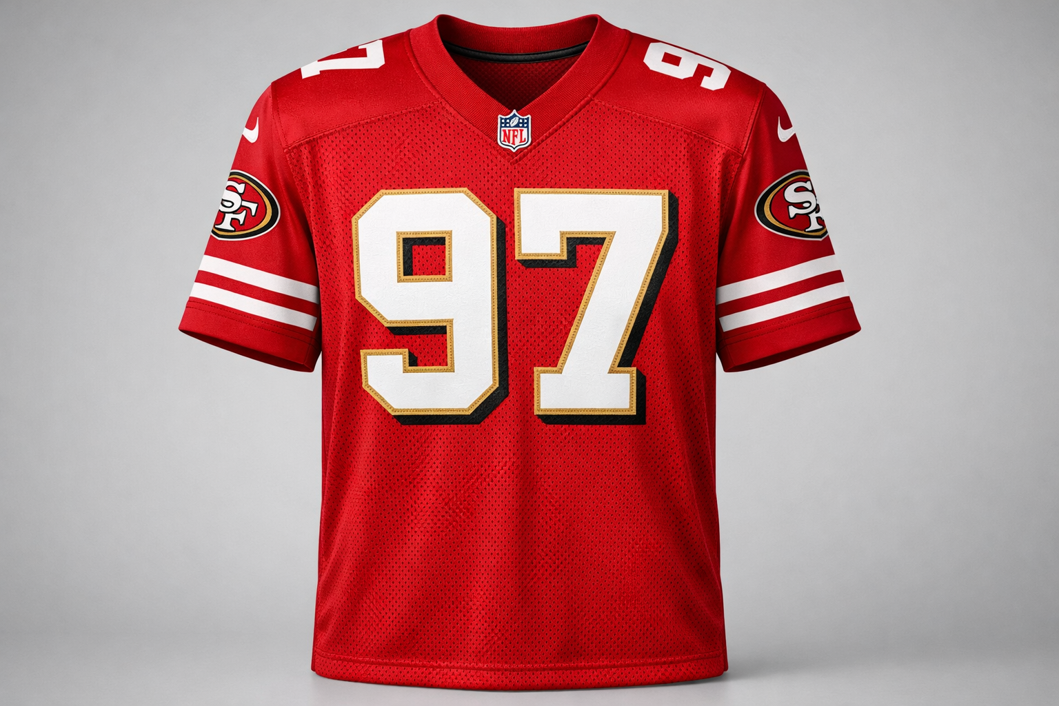 Scarlet San Francisco 49ers jersey with white and gold stitched numbers