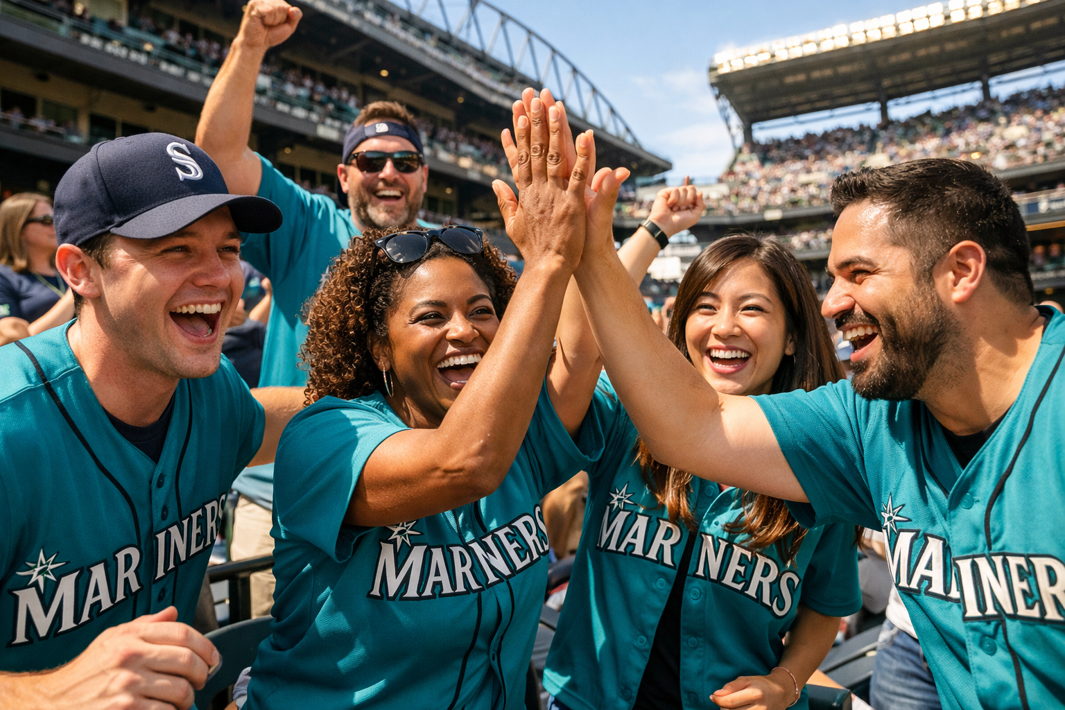 A group of fans wearing teal Mariners jerseys cheering at a sunny baseball stadium