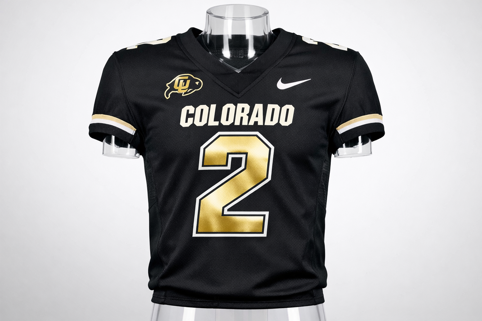 Black Colorado Buffaloes football jersey with number 2 and gold stitching.