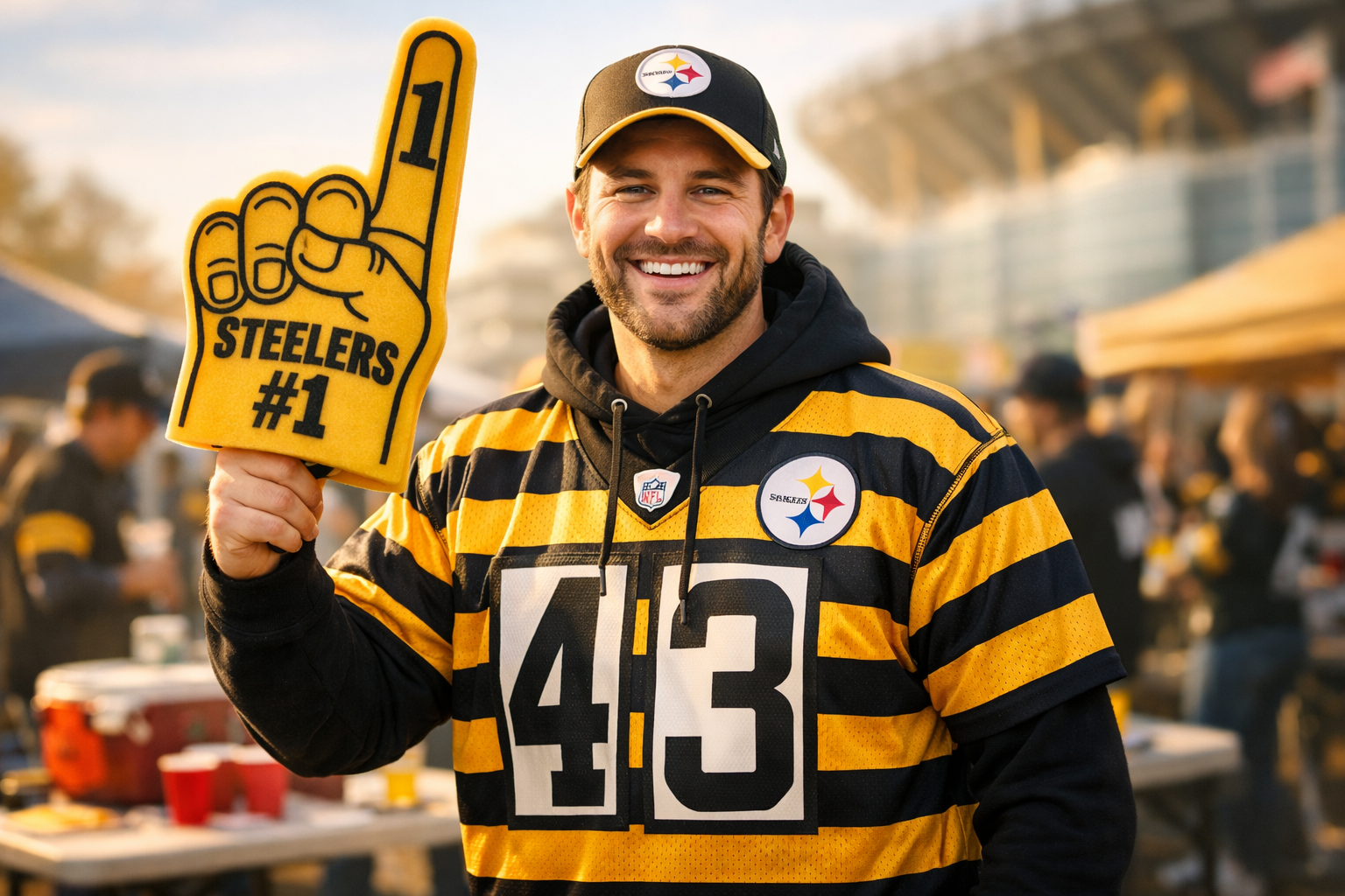 A happy fan wearing a Steelers bumblebee jersey cheering at a football stadium