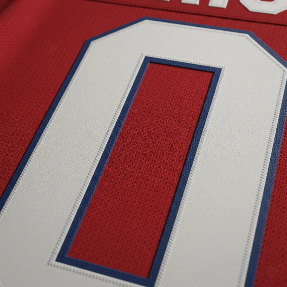 Griswold Hockey Jersey: The Iconic Christmas Vacation Look 3 Close-up of premium white stitching on a red hockey jersey