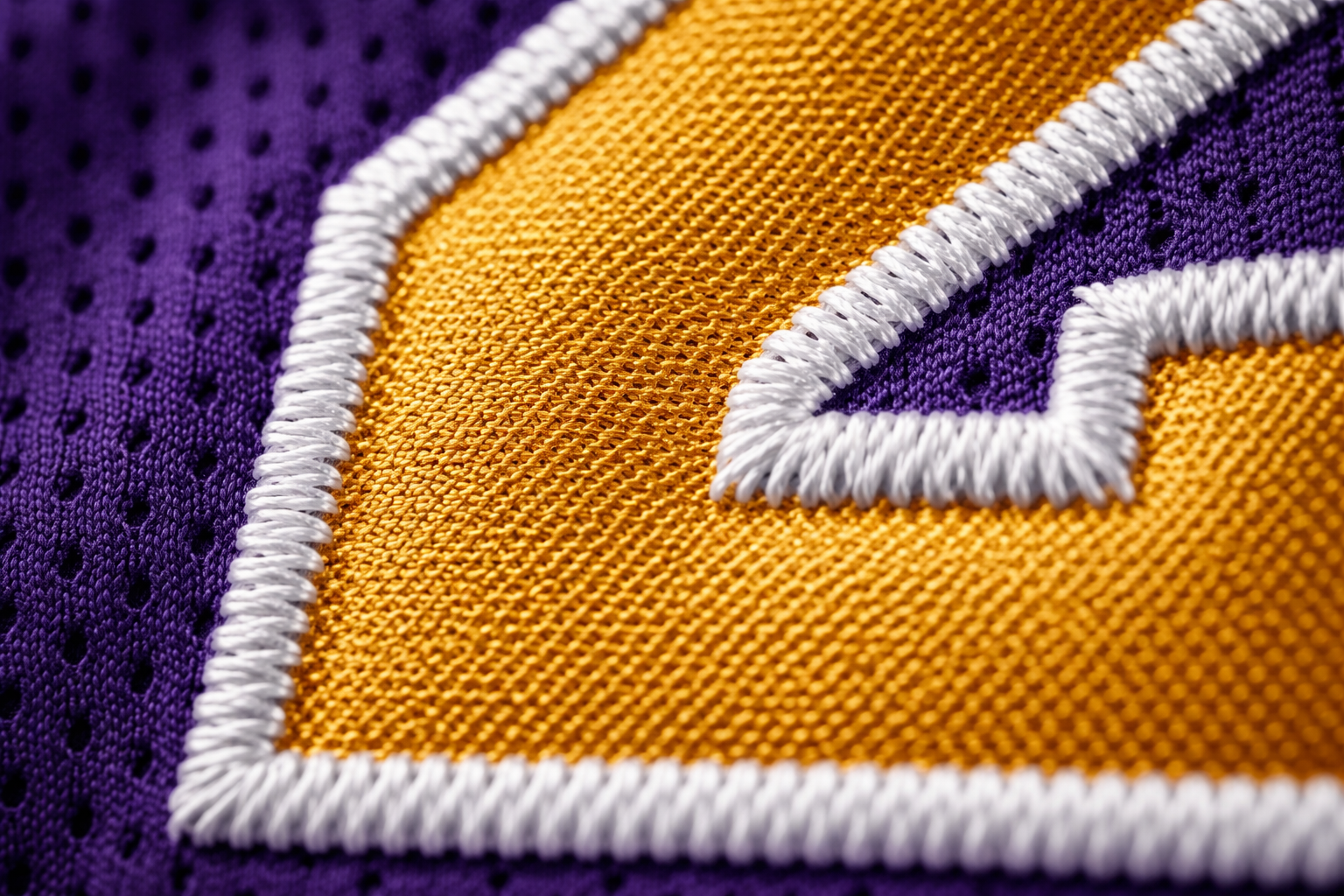 Close up of the embroidered Lakers logo and stitched numbers on a jersey