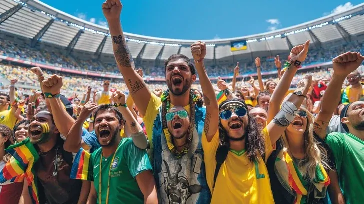 Happy fan wearing a custom Ujersey football jersey cheering at a stadium.