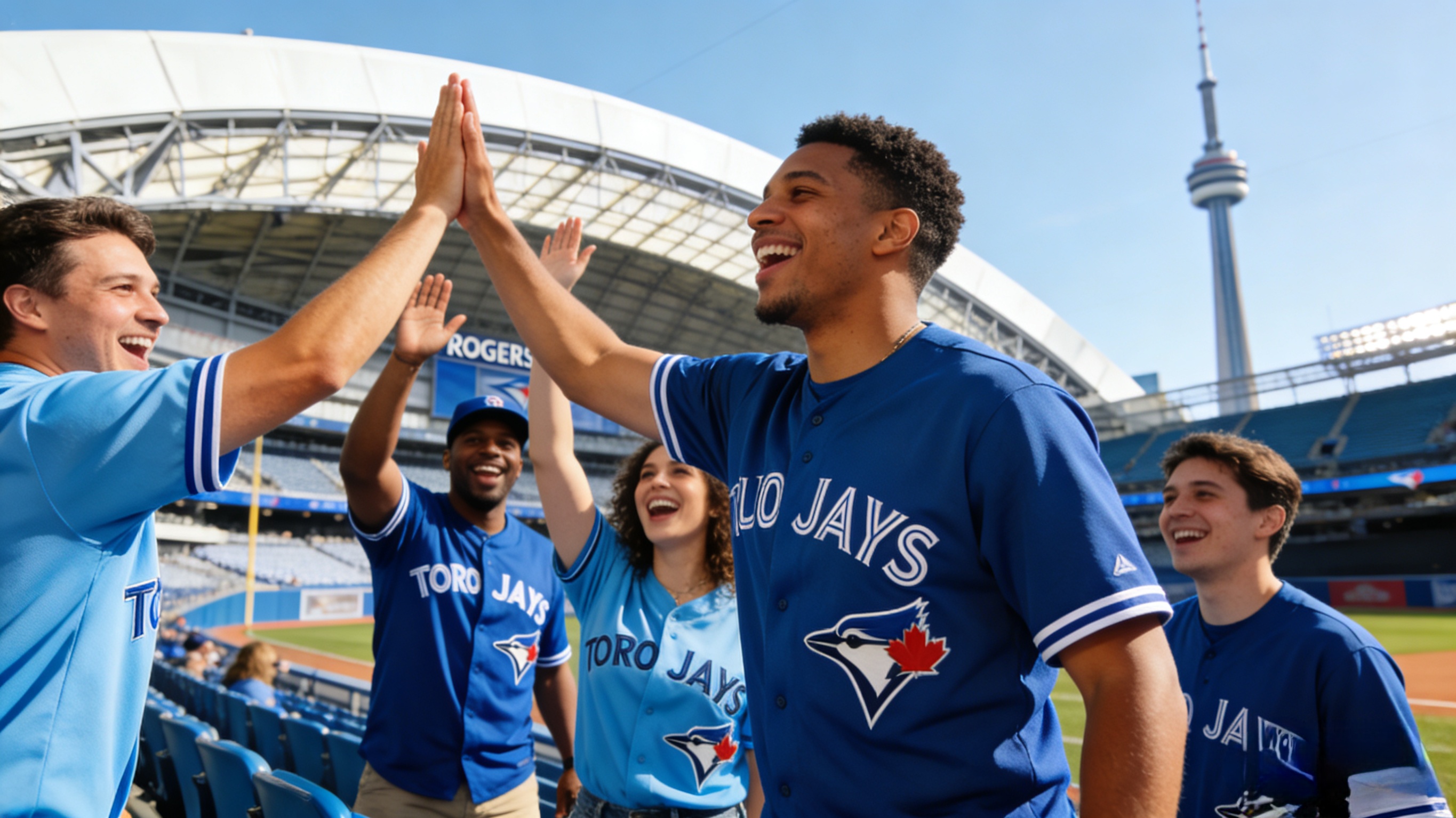 Fans wearing blue and white Toronto Blue Jays jerseys cheering at a sunny baseball stadium.