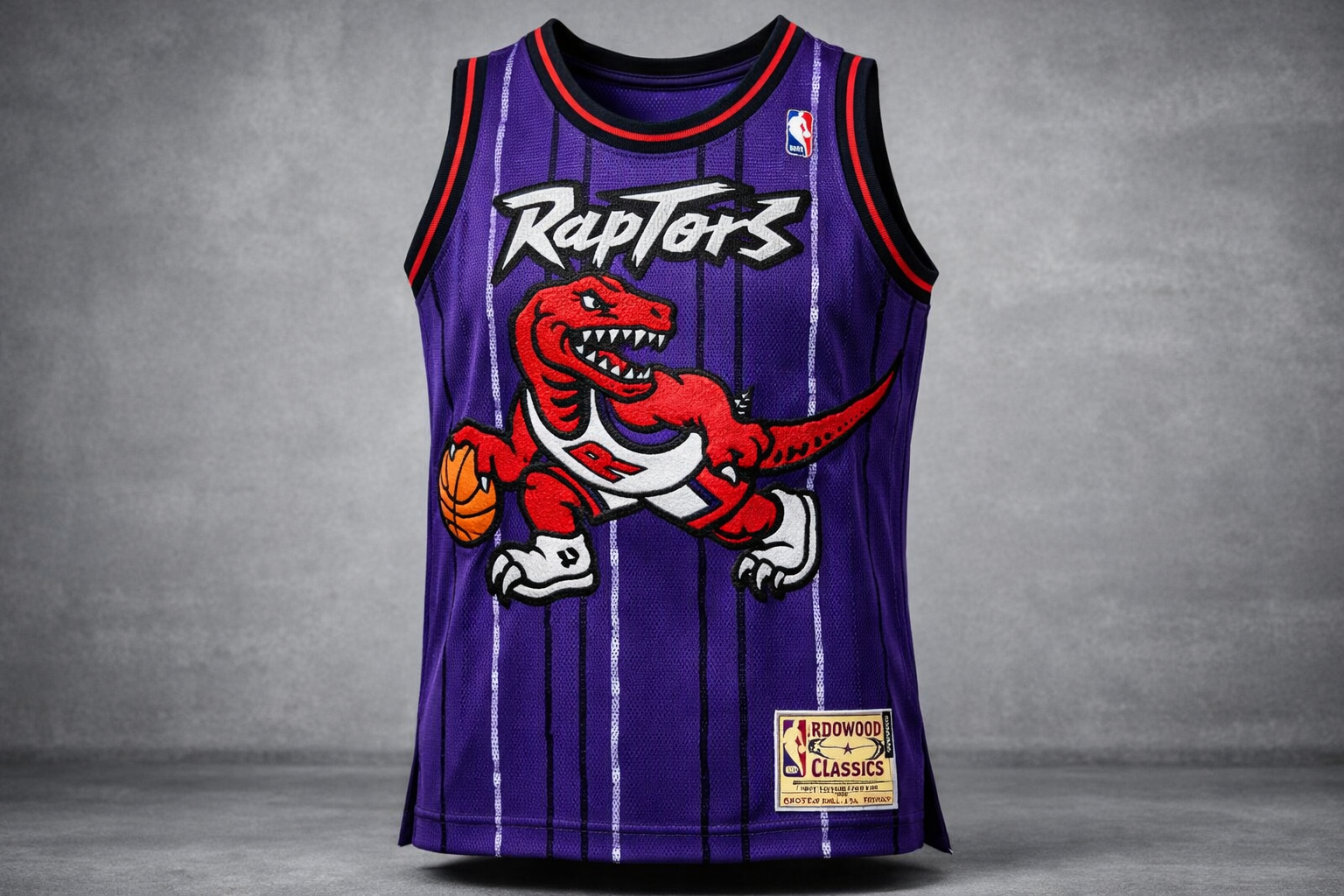 Retro NBA Jerseys: Bringing Back the Iconic 90s Style 2 Purple Toronto Raptors retro NBA jersey with a stitched red dinosaur logo.
