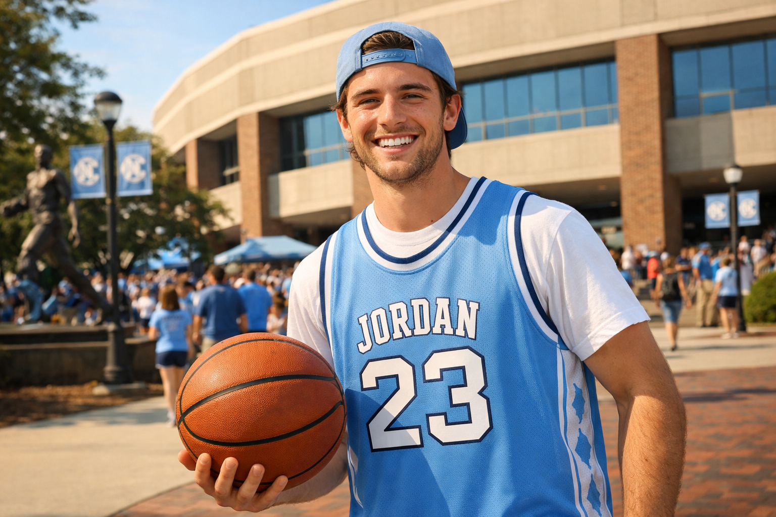 A fan wearing a Michael Jordan UNC jersey outside a basketball arena