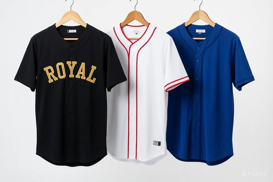 Three different custom baseball jerseys hanging on a rack showing different colors and designs.