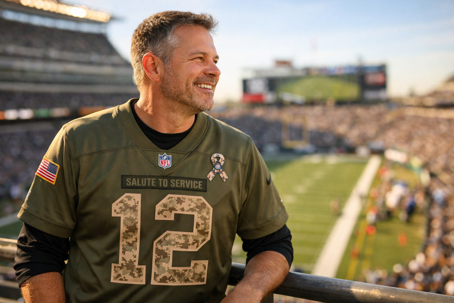 A veteran wearing a Salute to Service football jersey smiling at an outdoor stadium.