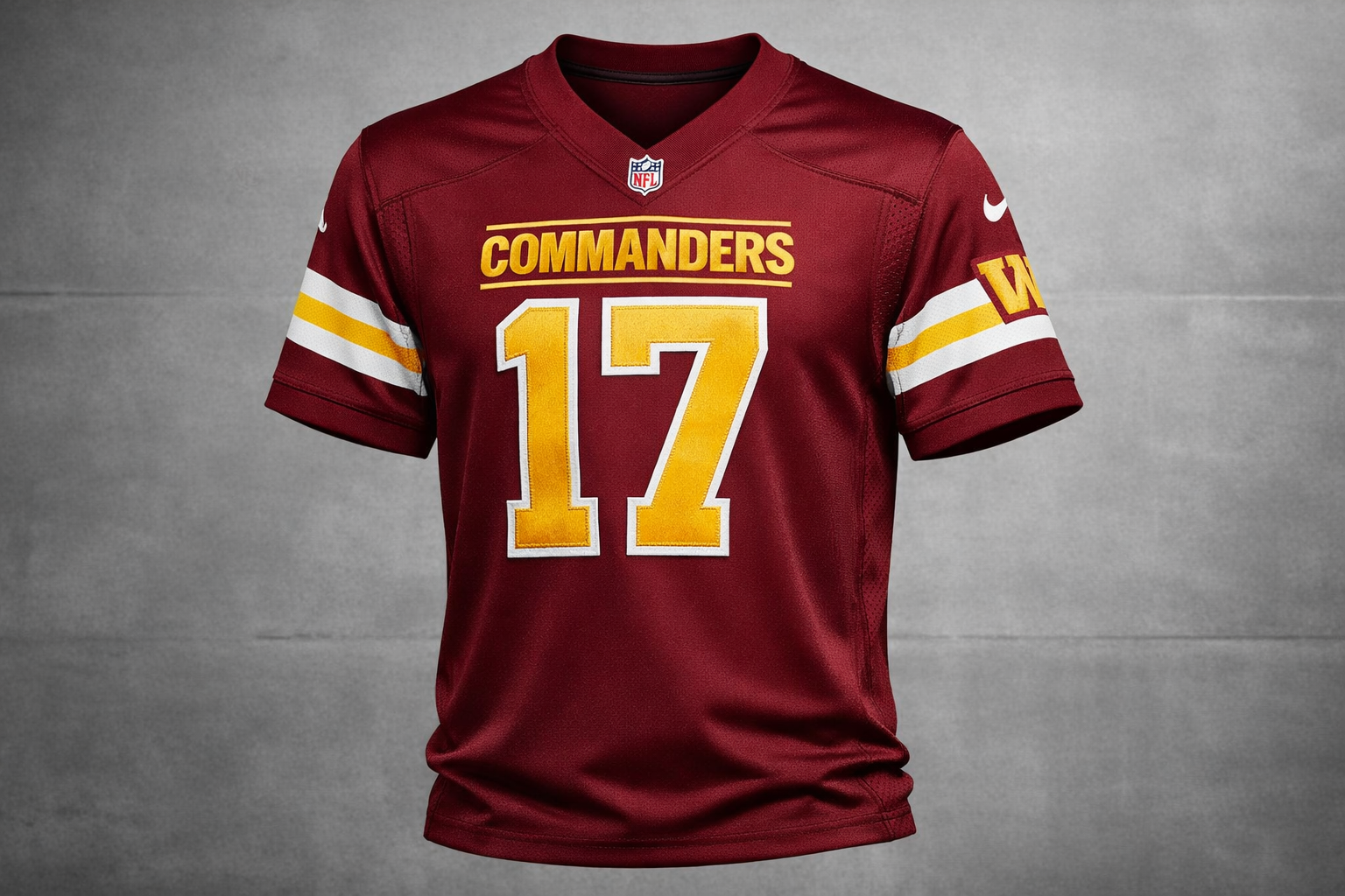 Burgundy Washington Commanders football jersey with gold stitched numbers front view.