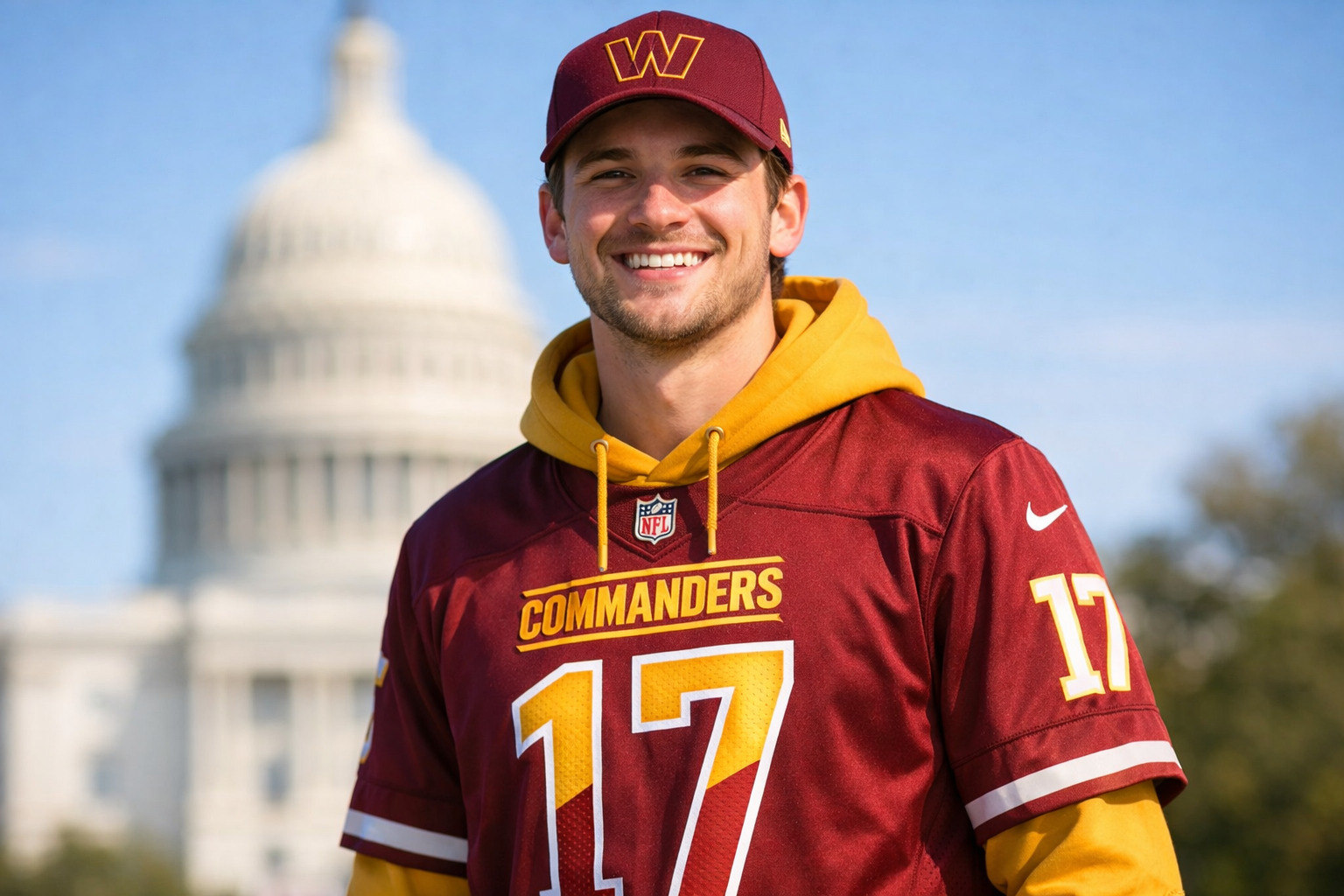 A fan wearing a Washington Commanders jersey cheering in front of the U.S. Capitol building.