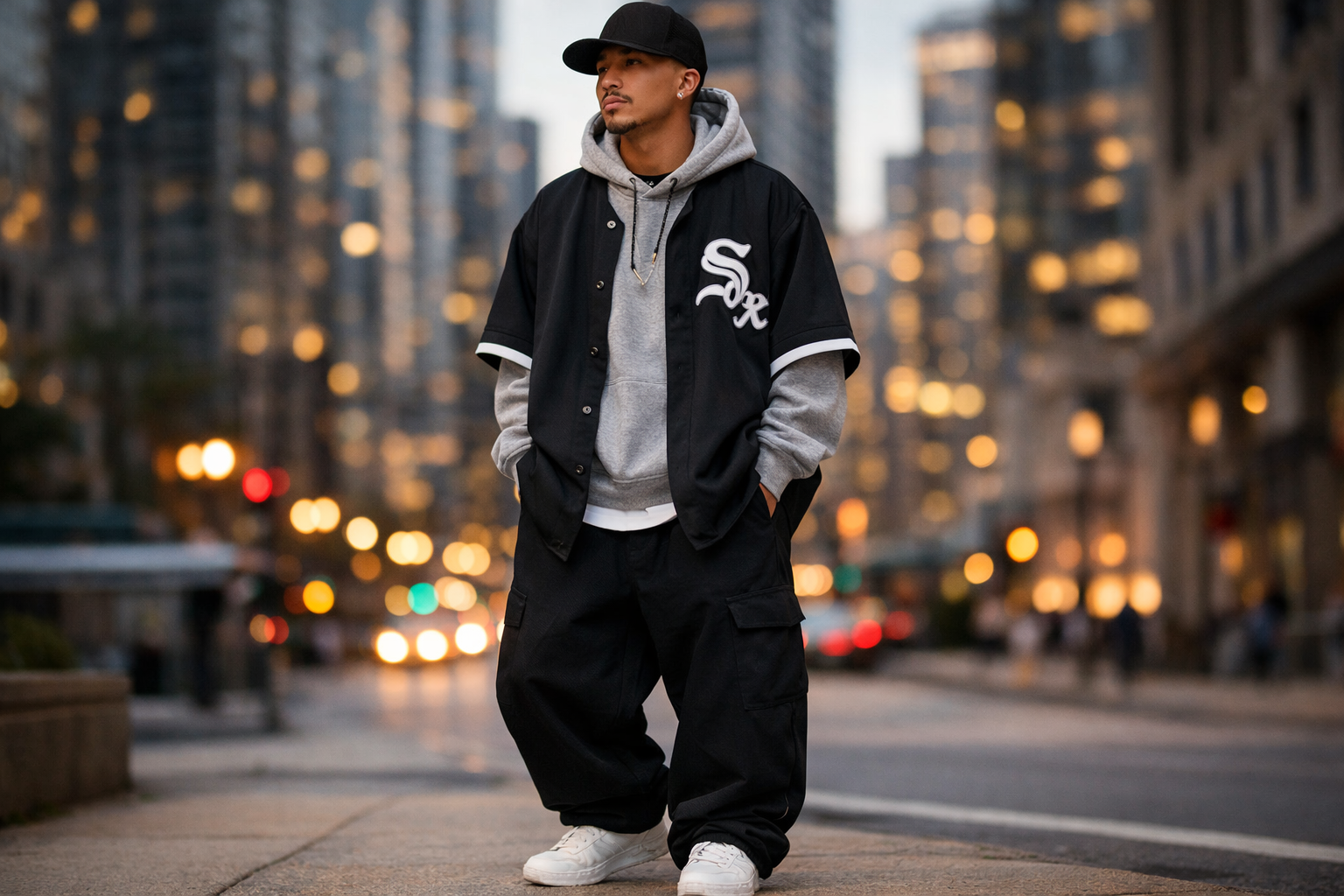 A person wearing a black White Sox jersey over a hoodie in a modern city street.