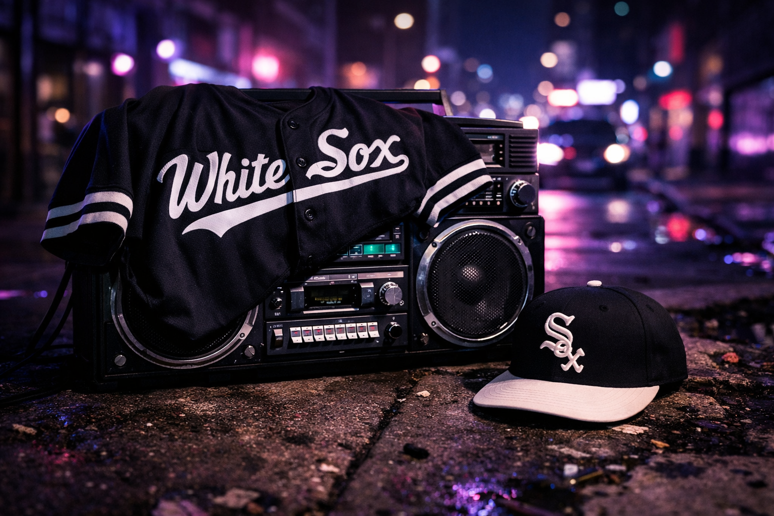 A retro black baseball jersey and a snapback hat in a gritty urban setting