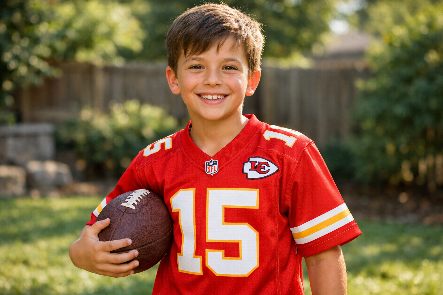 Young boy smiling and wearing a stitched youth Kansas City Chiefs jersey