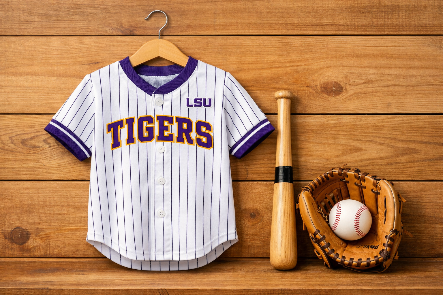 A youth sized white pinstripe LSU baseball jersey hanging on a wall.