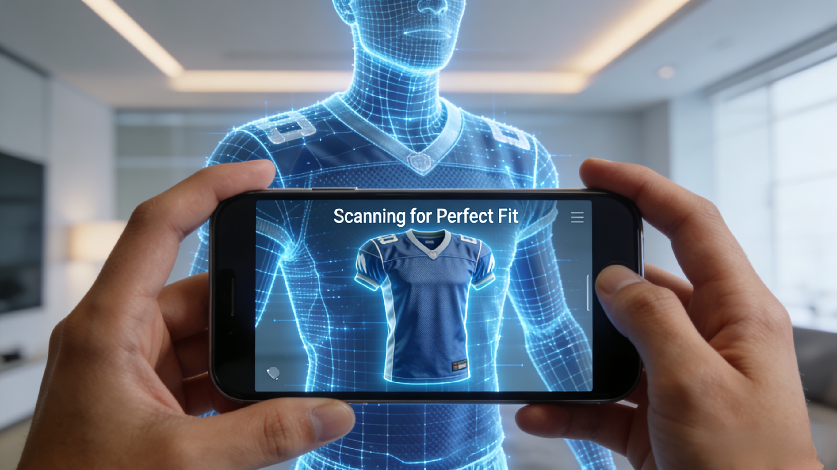 A person using a 3D body scanning app to find their perfect jersey size.