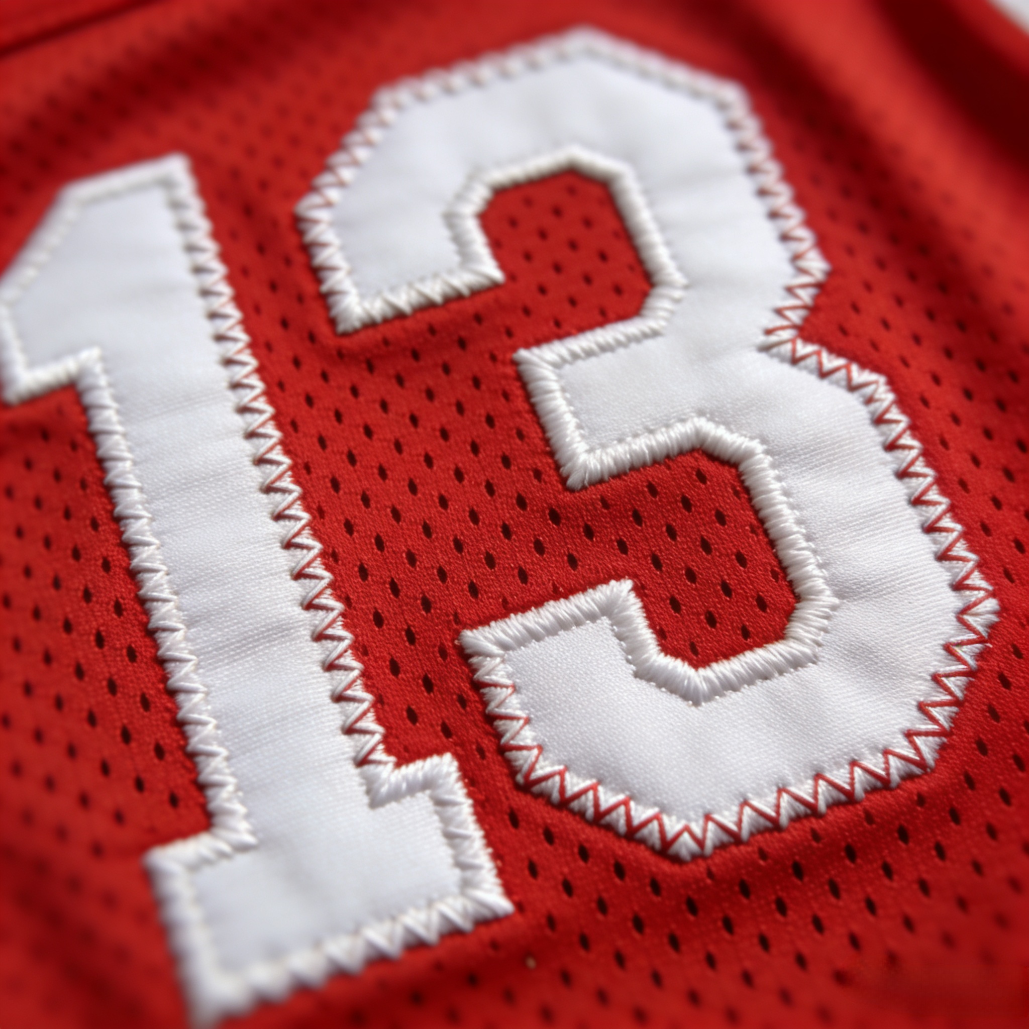 Macro close up of stitched tackle twill numbers on a San Francisco 49ers jersey