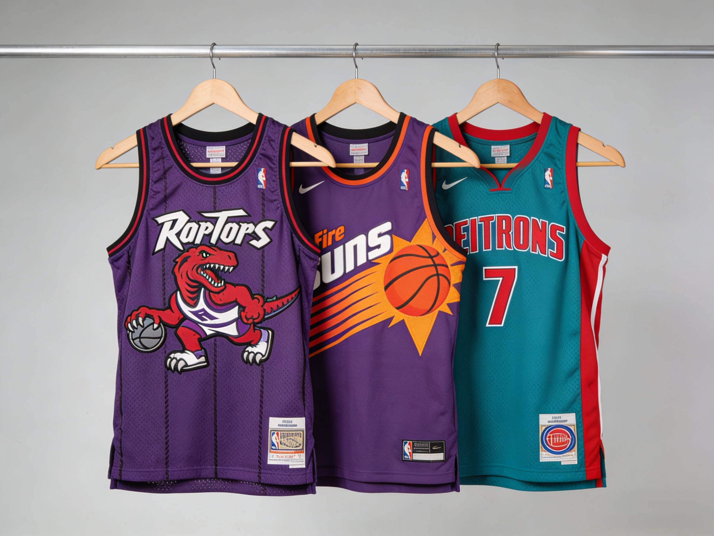 Top 5 90s Basketball Jerseys for Summer Festivals: 2026 Style Guide 2 A collection of 90s basketball jerseys including Raptors and Suns styles