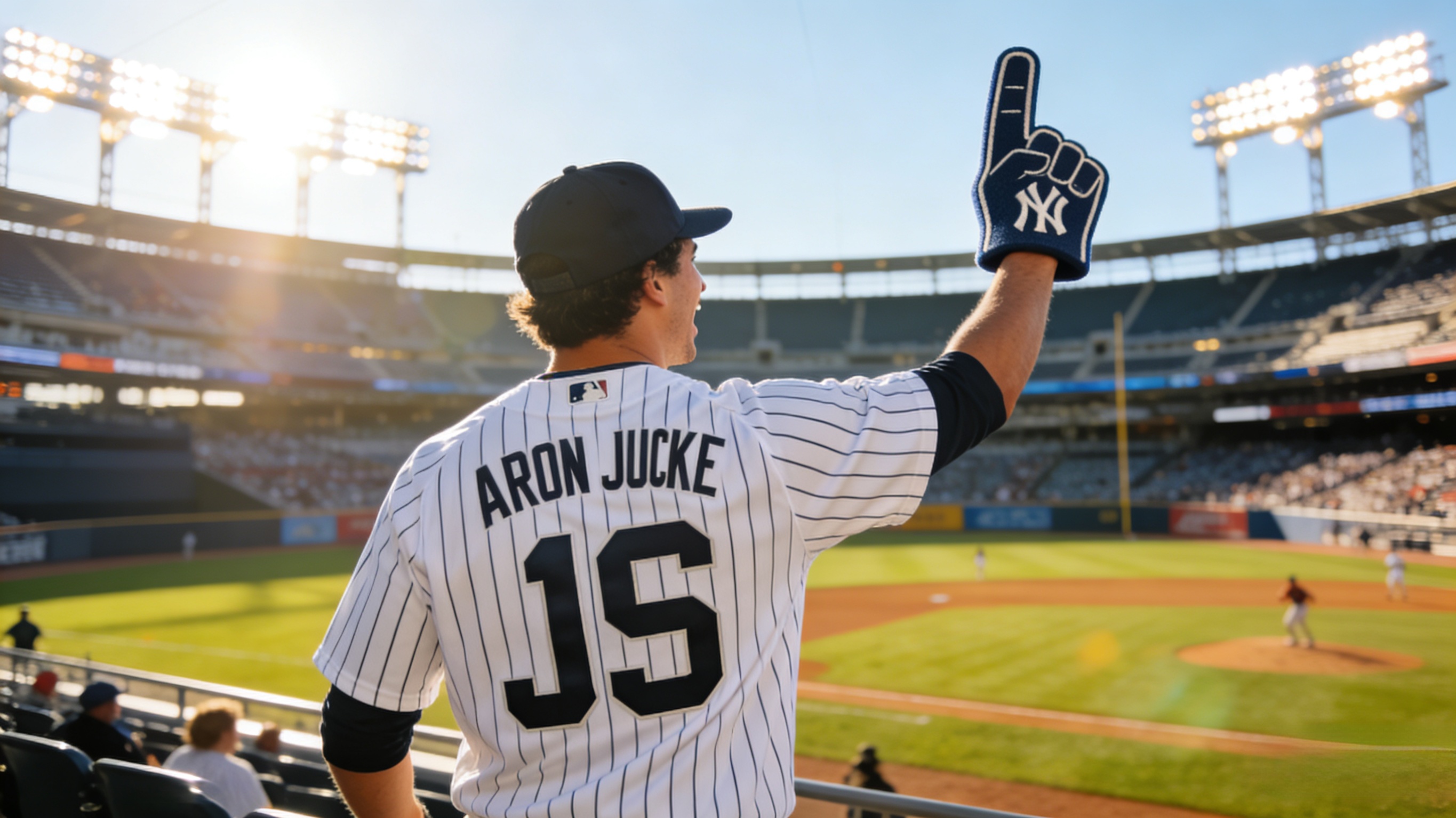 A fan wearing an Aaron Judge jersey cheering at a baseball stadium.
