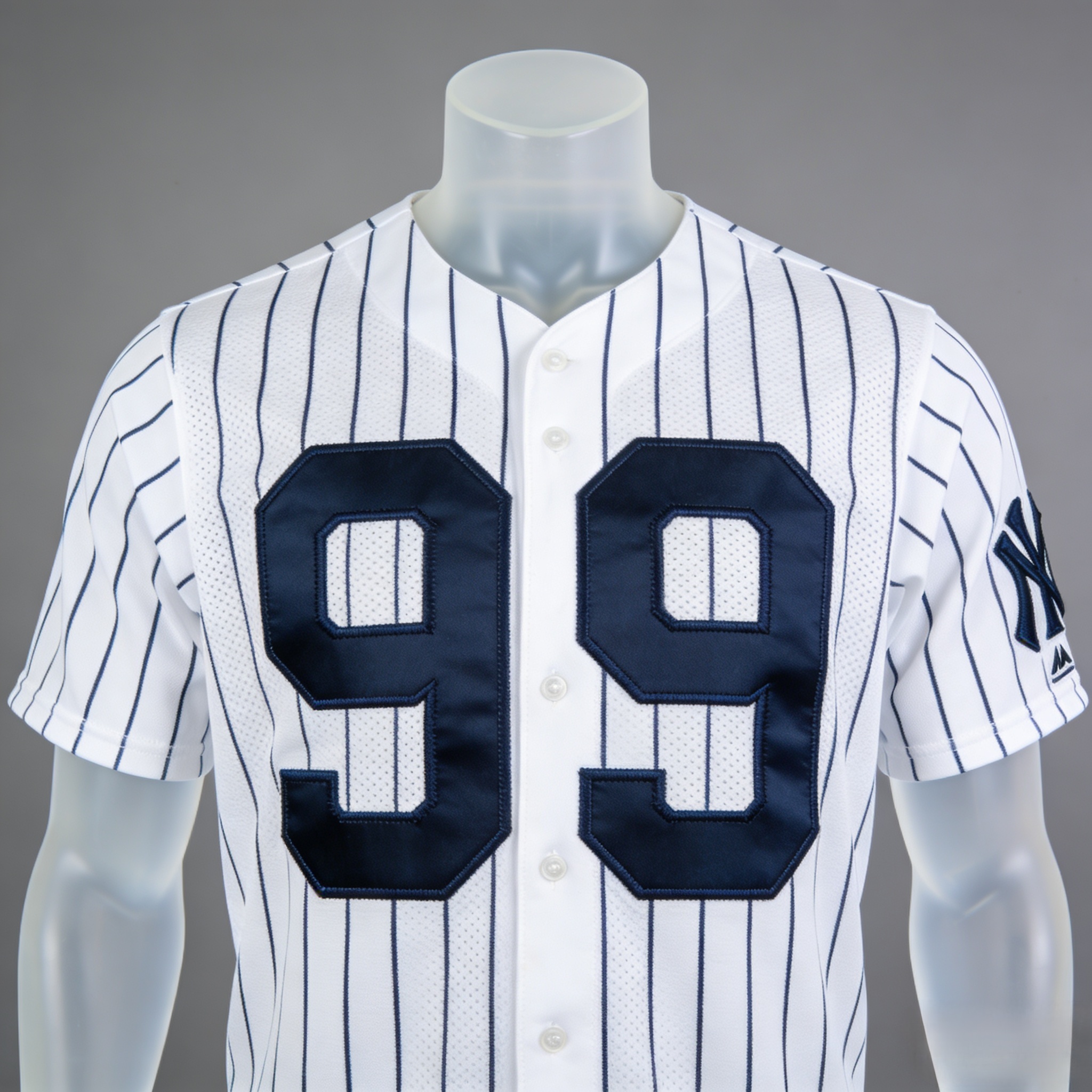 Aaron Judge Jersey: The Guide to the Captain’s Stitched Pinstripes 2 White New York Yankees pinstripe jersey with Aaron Judge number 99 stitched front view.