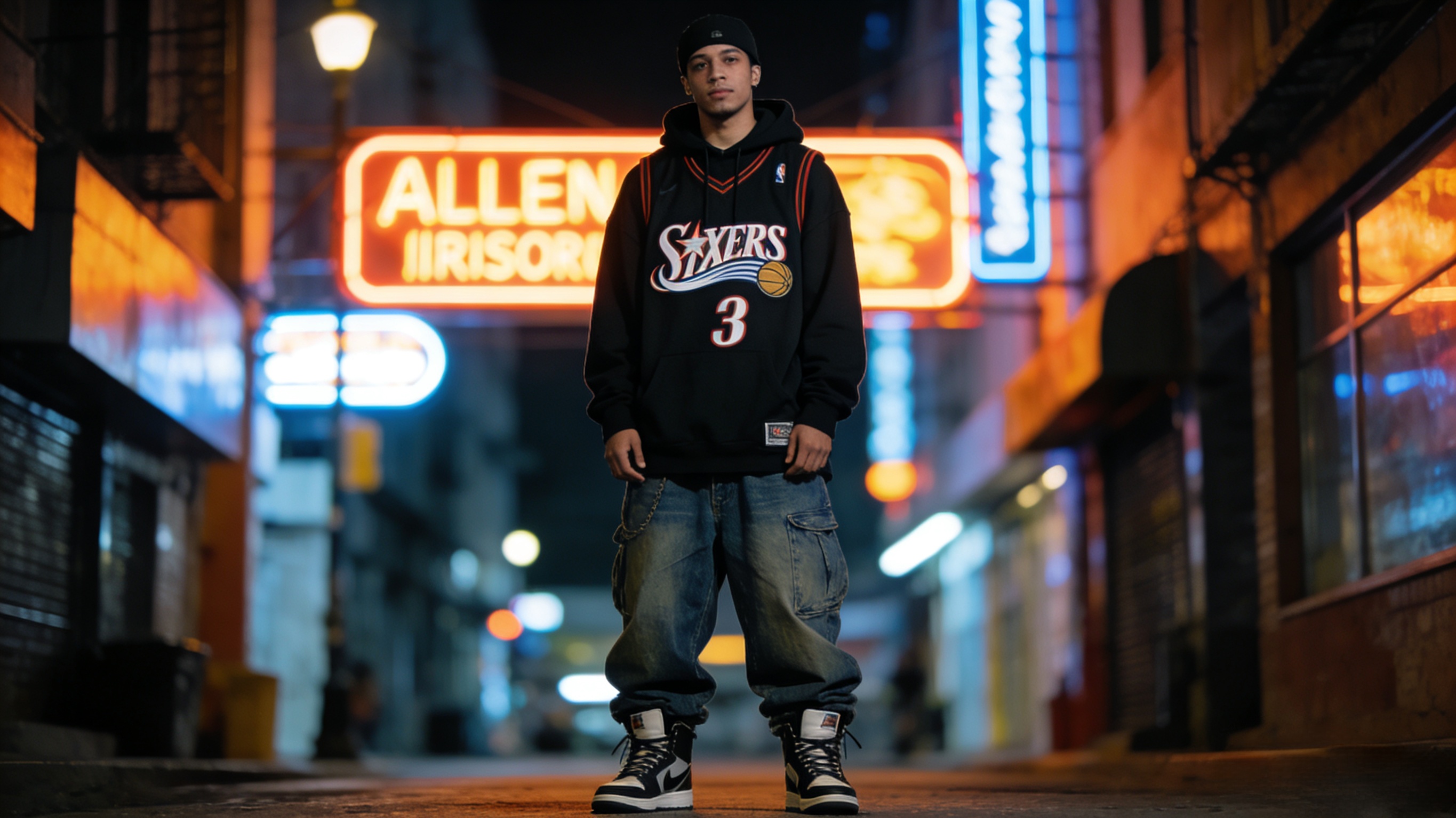 A person wearing a black 76ers jersey over a hoodie in an urban city setting.