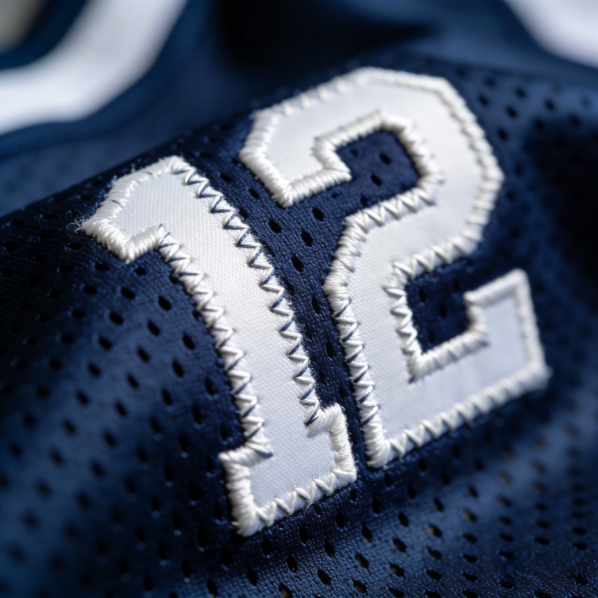 Macro close up of the high-quality white stitching on an Anthony Edwards jersey
