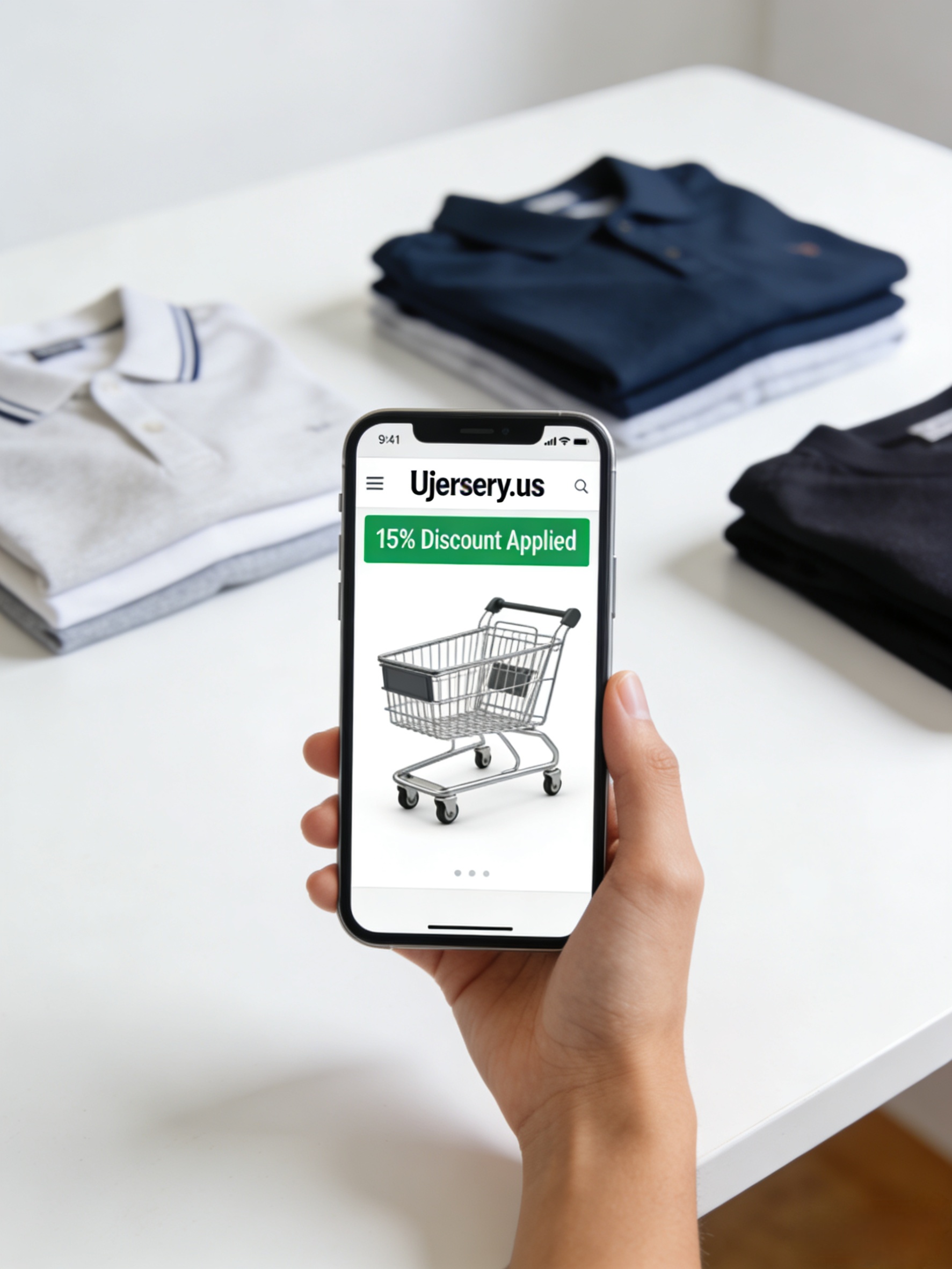 Ujersery discount code being applied to a shopping cart on a mobile phone.