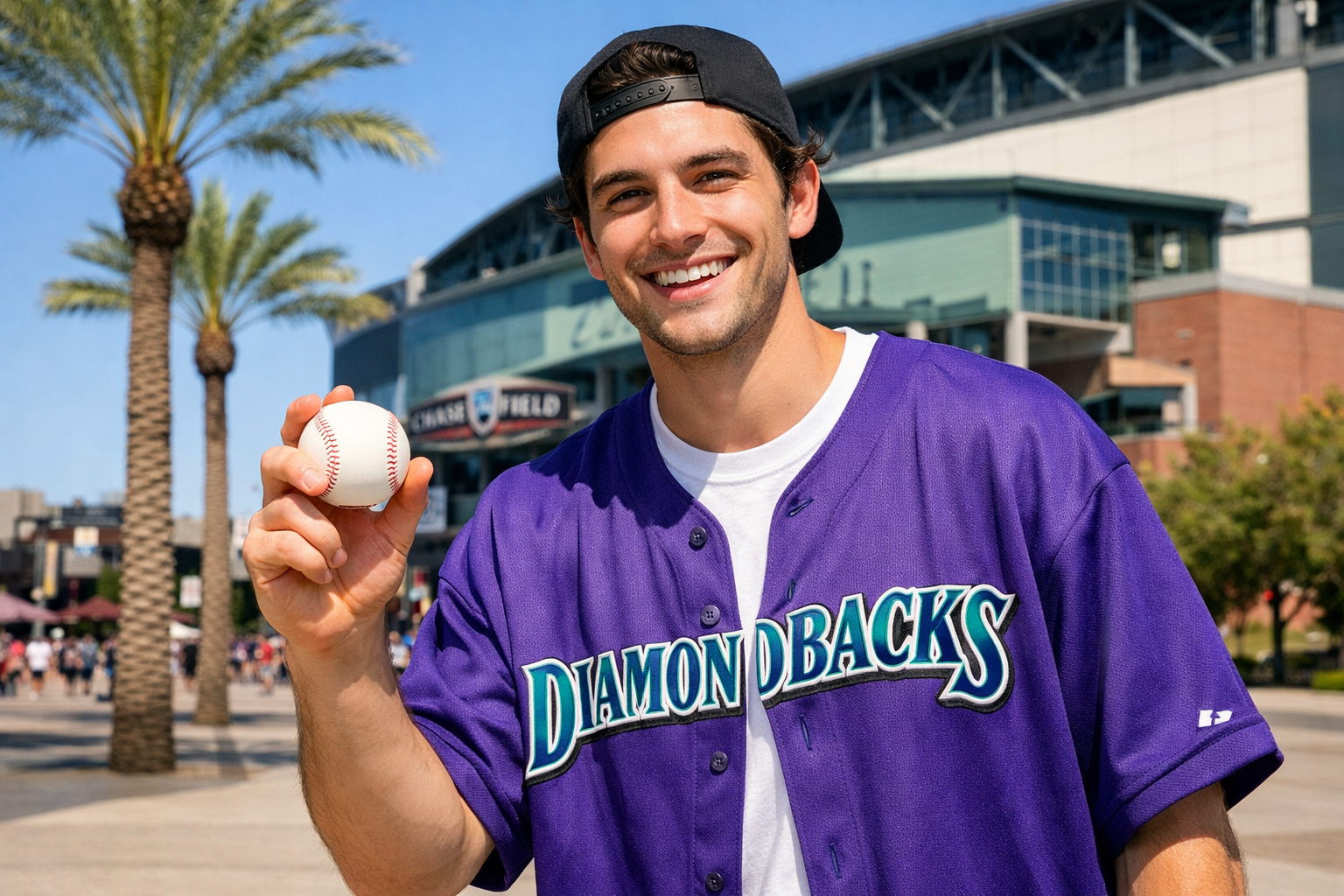 fan wearing a Diamondbacks jersey cheering at a baseball stadium in the desert.