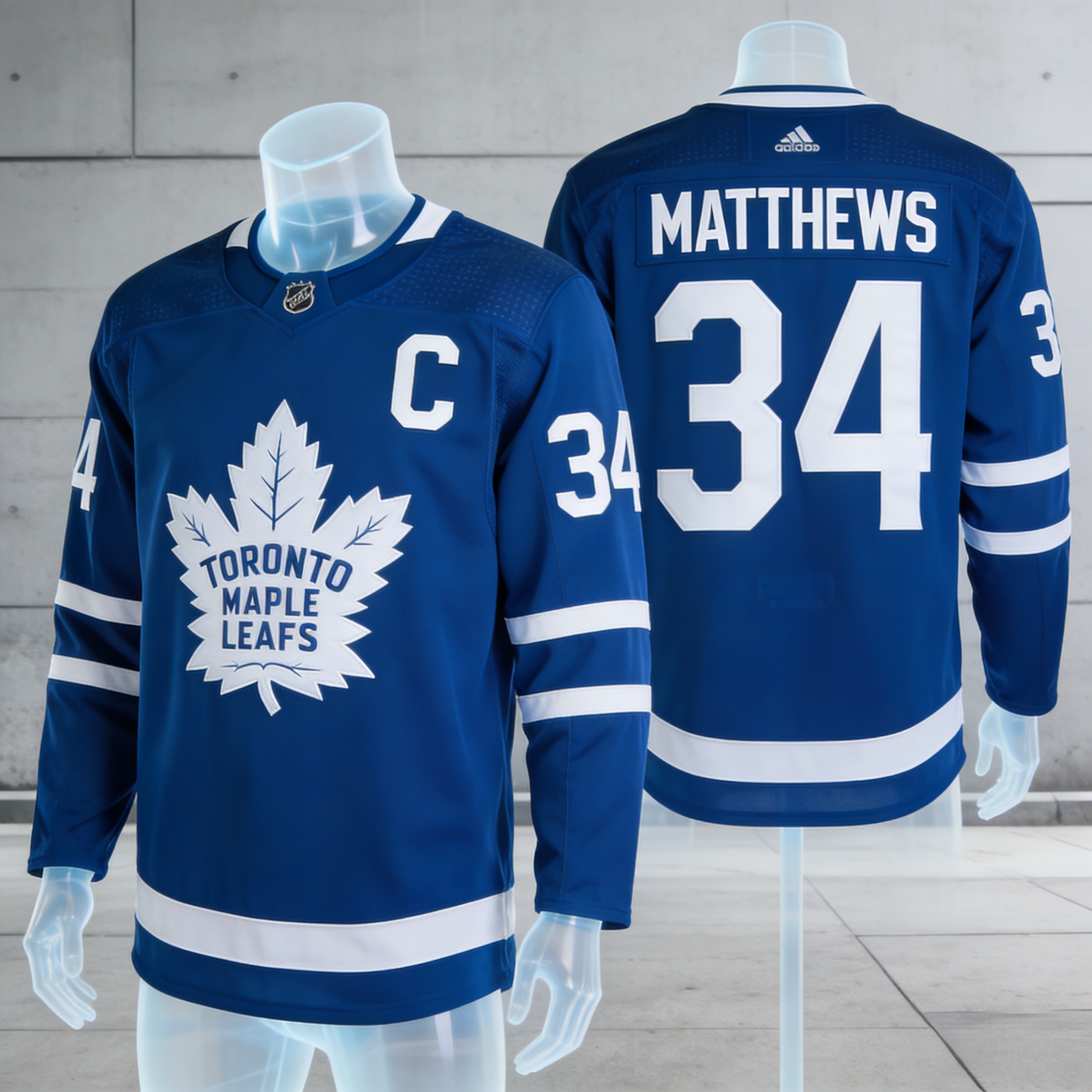 Stitched royal blue Auston Matthews Toronto Maple Leafs captain jersey front and back view